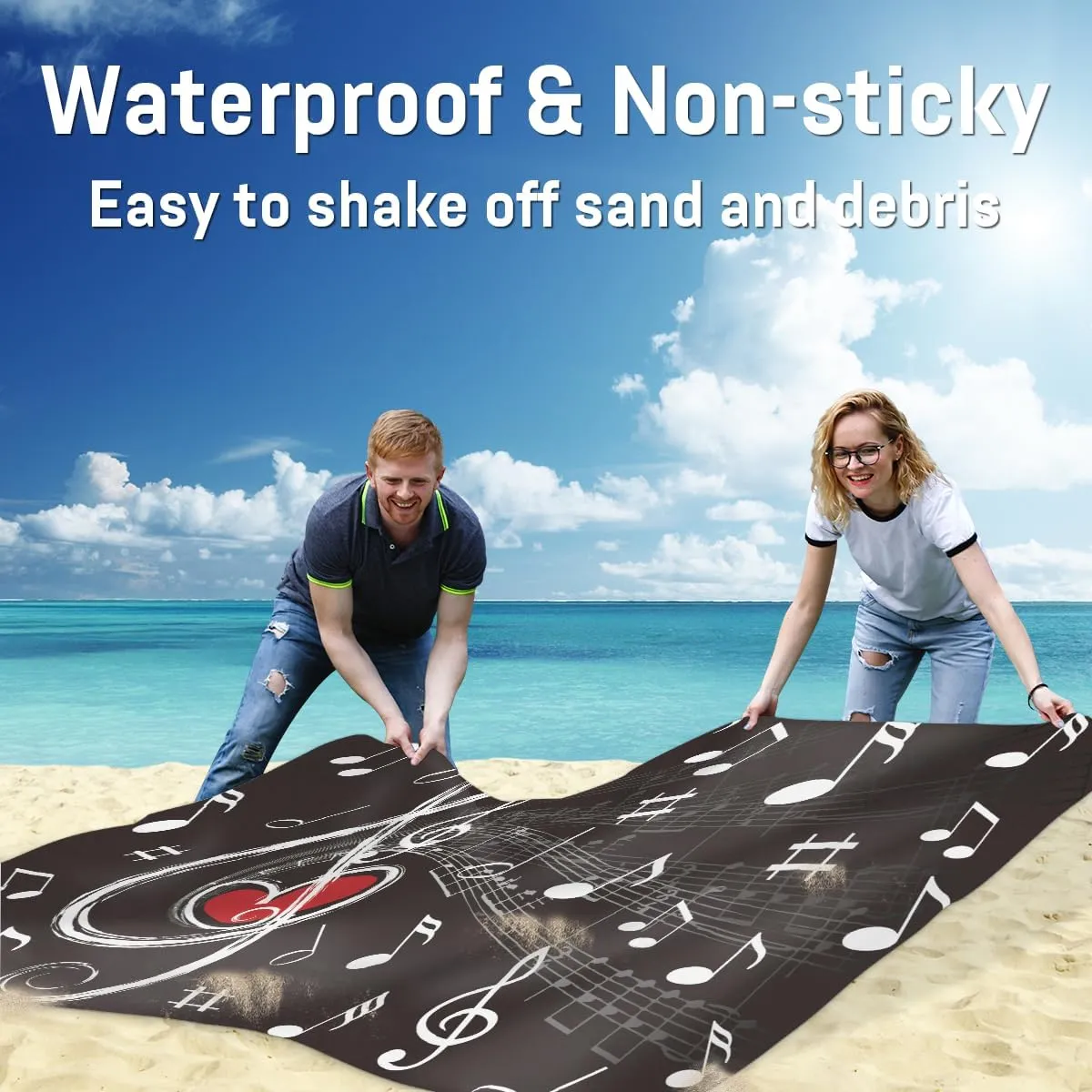 Beach Blanket, Music Themed Heart Sandproof Beach Mat, Waterproof Quick Drying Sand Free Mat with 4 x Ground Spikes for Outdoor Travel Camping Hiking, Musical Note 68 x 59 in