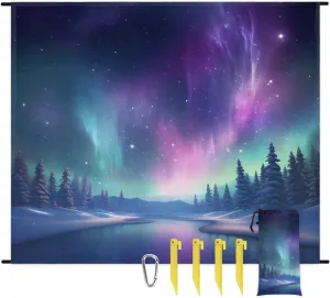 Beach Blanket, Northern Lights Aurora Sandproof Beach Mat, Waterproof Quick Drying Sand Free Mat with 4 x Ground Spikes for Outdoor Travel Camping Hiking, Galaxy Aurora 68 x 59 in