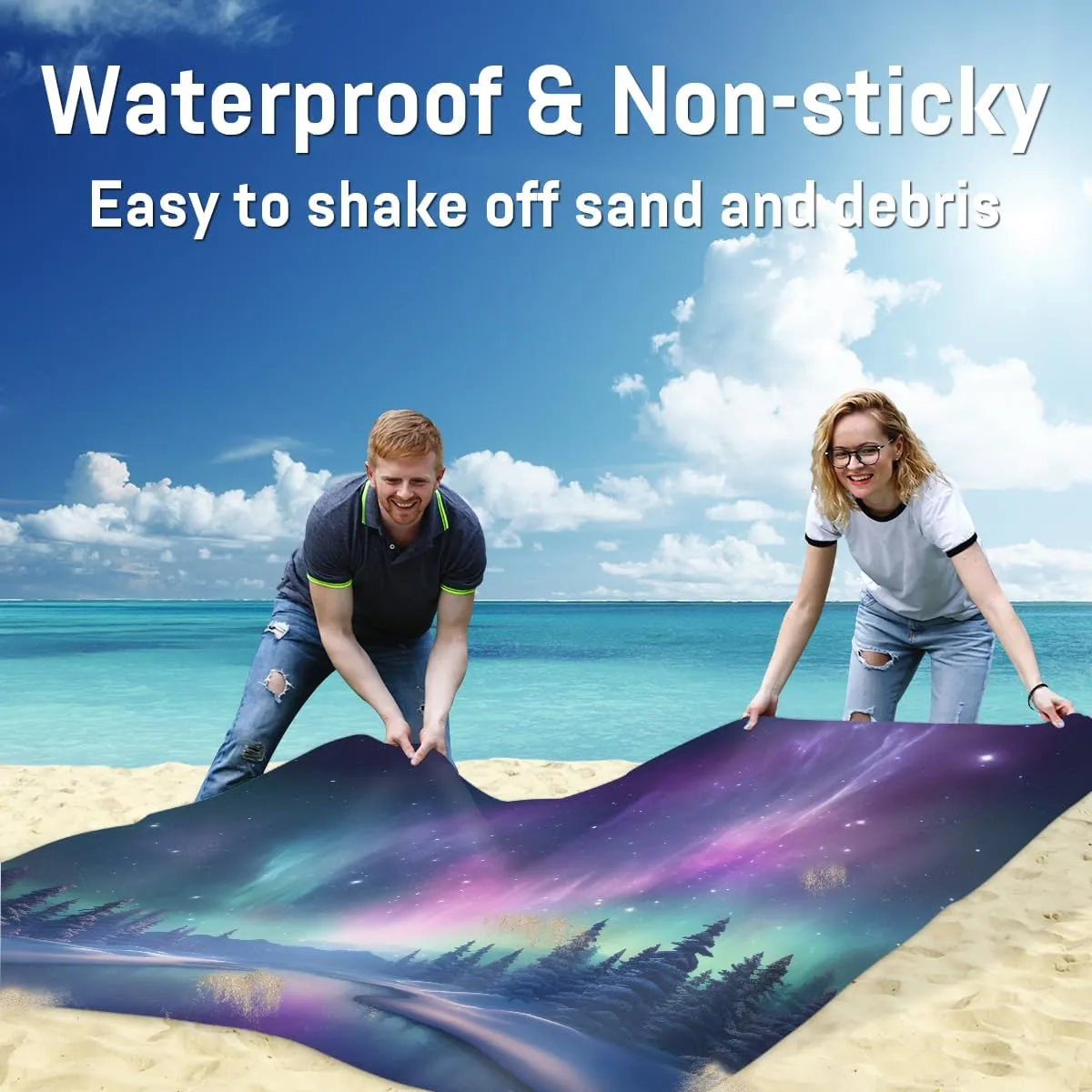Beach Blanket, Northern Lights Aurora Sandproof Beach Mat, Waterproof Quick Drying Sand Free Mat with 4 x Ground Spikes for Outdoor Travel Camping Hiking, Galaxy Aurora 68 x 59 in