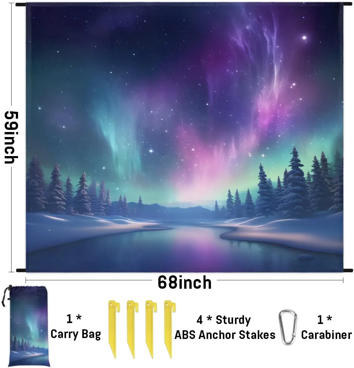 Beach Blanket, Northern Lights Aurora Sandproof Beach Mat, Waterproof Quick Drying Sand Free Mat with 4 x Ground Spikes for Outdoor Travel Camping Hiking, Galaxy Aurora 68 x 59 in