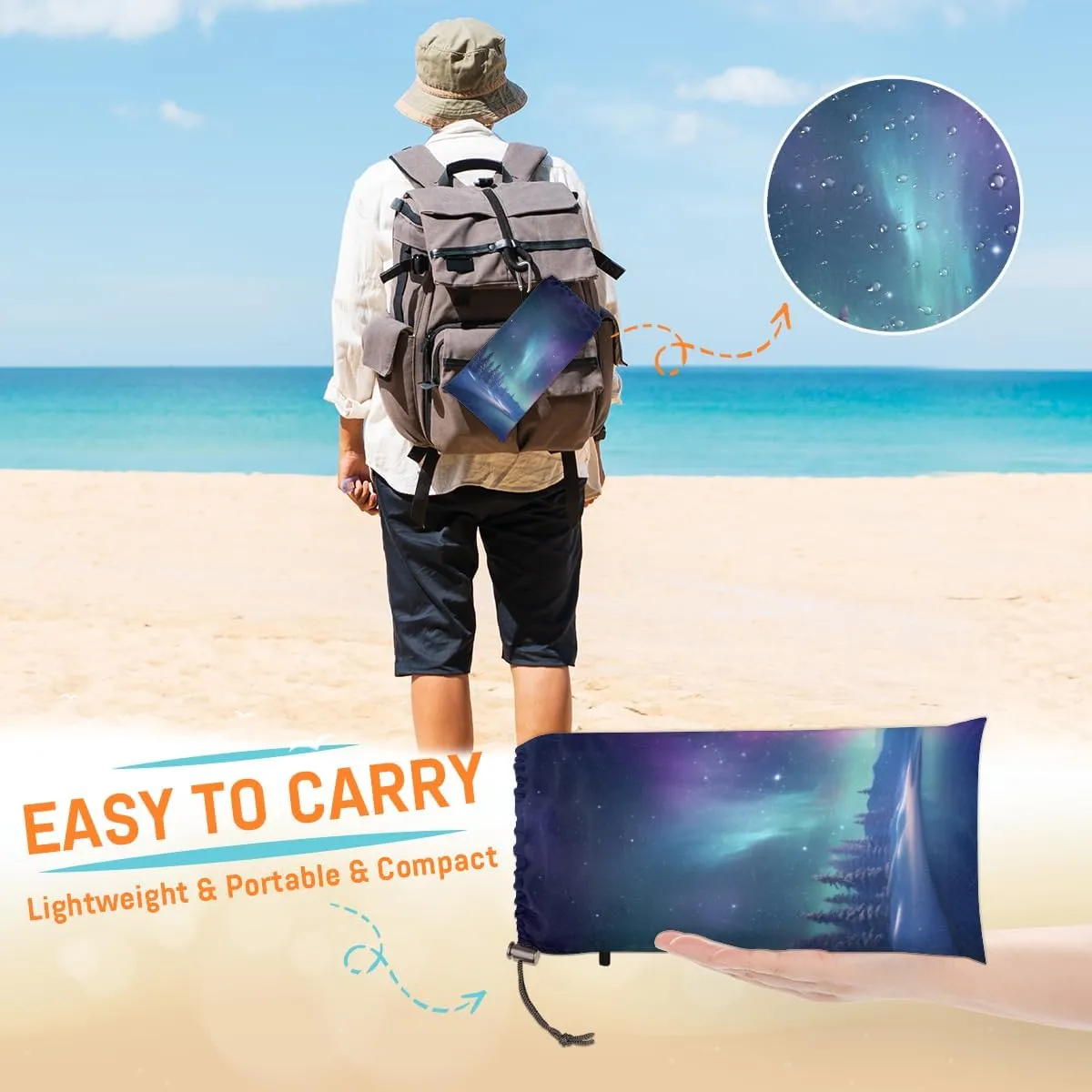 Beach Blanket, Northern Lights Aurora Sandproof Beach Mat, Waterproof Quick Drying Sand Free Mat with 4 x Ground Spikes for Outdoor Travel Camping Hiking, Galaxy Aurora 68 x 59 in