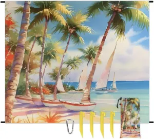 Beach Blanket, Ocean Sandproof Beach Mat, Waterproof Quick Drying Sand Free Mat with 4 x Ground Spikes for Outdoor Travel Camping Hiking, Palm Trees Beach Summer Seaside Tropical 68 x 59 in