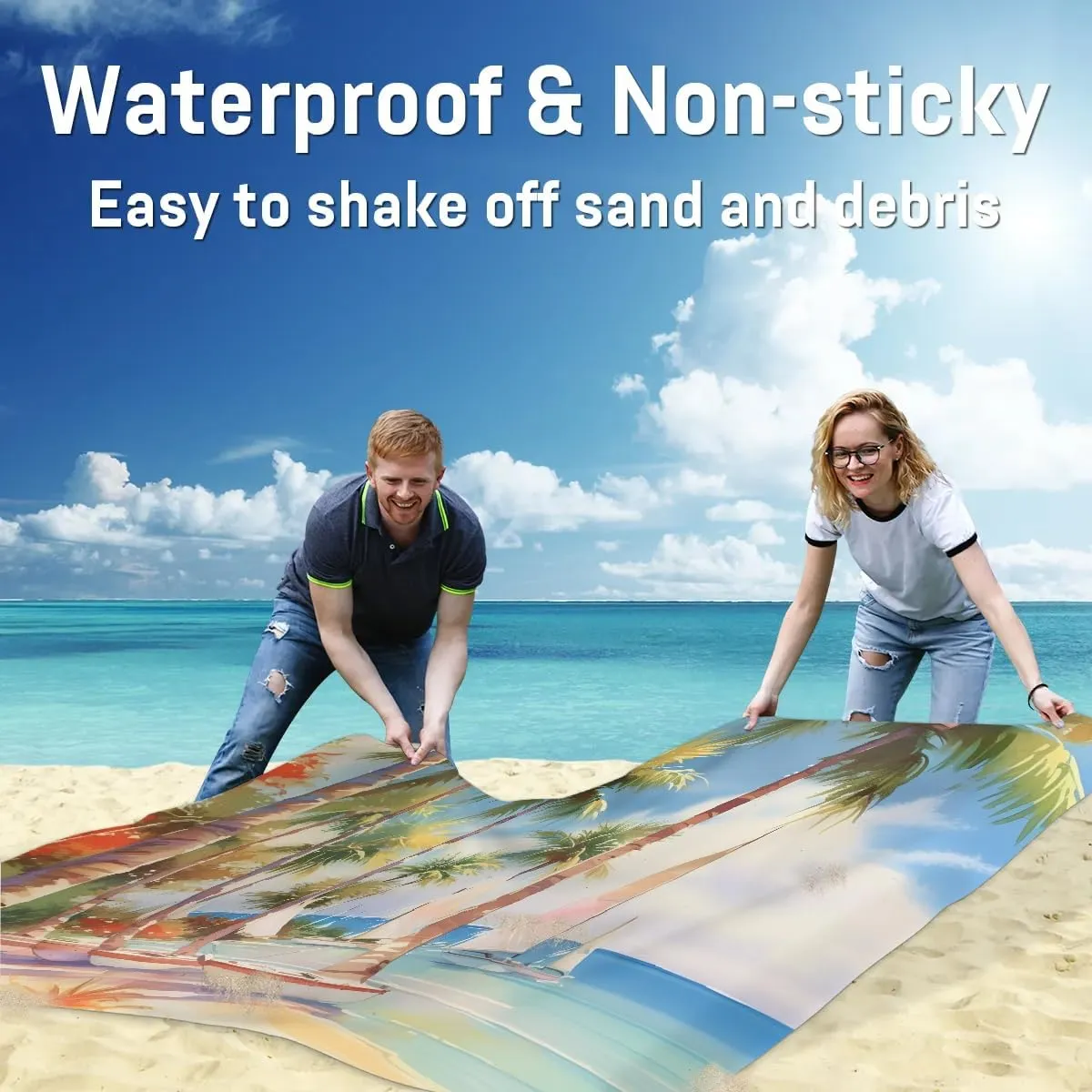 Beach Blanket, Ocean Sandproof Beach Mat, Waterproof Quick Drying Sand Free Mat with 4 x Ground Spikes for Outdoor Travel Camping Hiking, Palm Trees Beach Summer Seaside Tropical 68 x 59 in