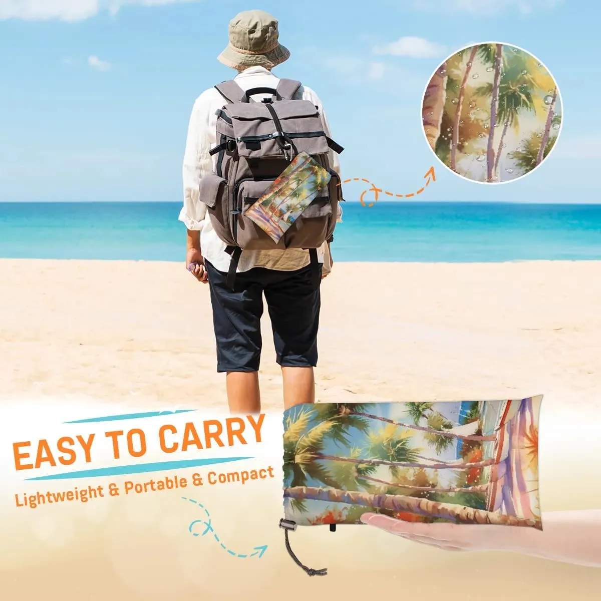 Beach Blanket, Ocean Sandproof Beach Mat, Waterproof Quick Drying Sand Free Mat with 4 x Ground Spikes for Outdoor Travel Camping Hiking, Palm Trees Beach Summer Seaside Tropical 68 x 59 in