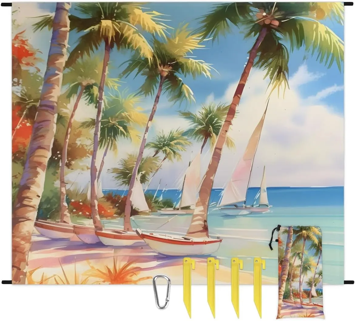 Beach Blanket, Ocean Sandproof Beach Mat, Waterproof Quick Drying Sand Free Mat with 4 x Ground Spikes for Outdoor Travel Camping Hiking, Palm Trees Beach Summer Seaside Tropical 68 x 59 in
