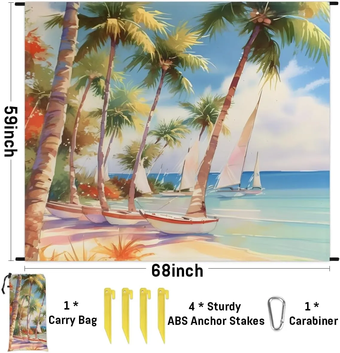 Beach Blanket, Ocean Sandproof Beach Mat, Waterproof Quick Drying Sand Free Mat with 4 x Ground Spikes for Outdoor Travel Camping Hiking, Palm Trees Beach Summer Seaside Tropical 68 x 59 in