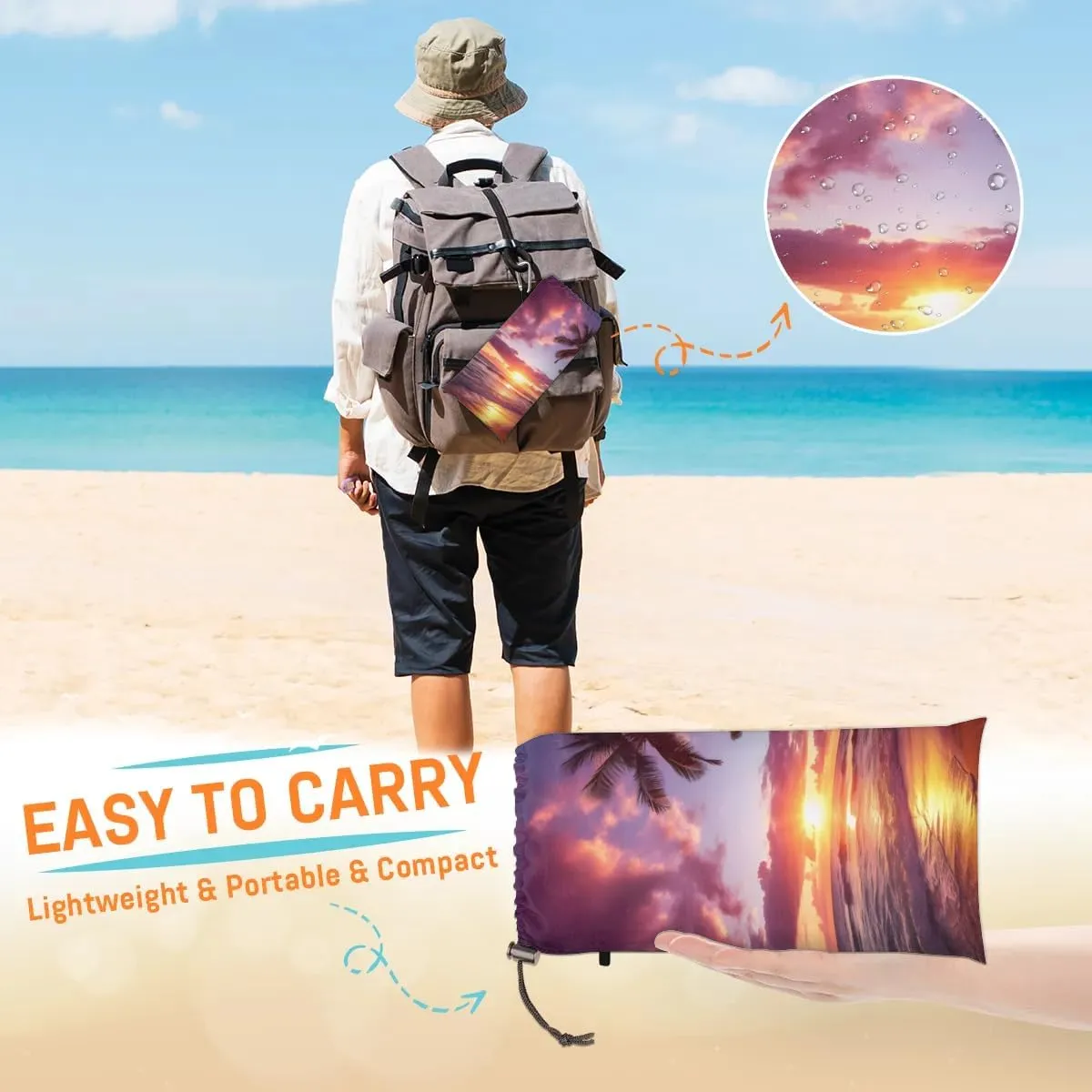 Beach Blanket, Palm Tree Sandproof Beach Mat, Waterproof Quick Drying Sand Free Mat with 4 x Ground Spikes for Outdoor Travel Camping Hiking, Beach 68 x 59 in