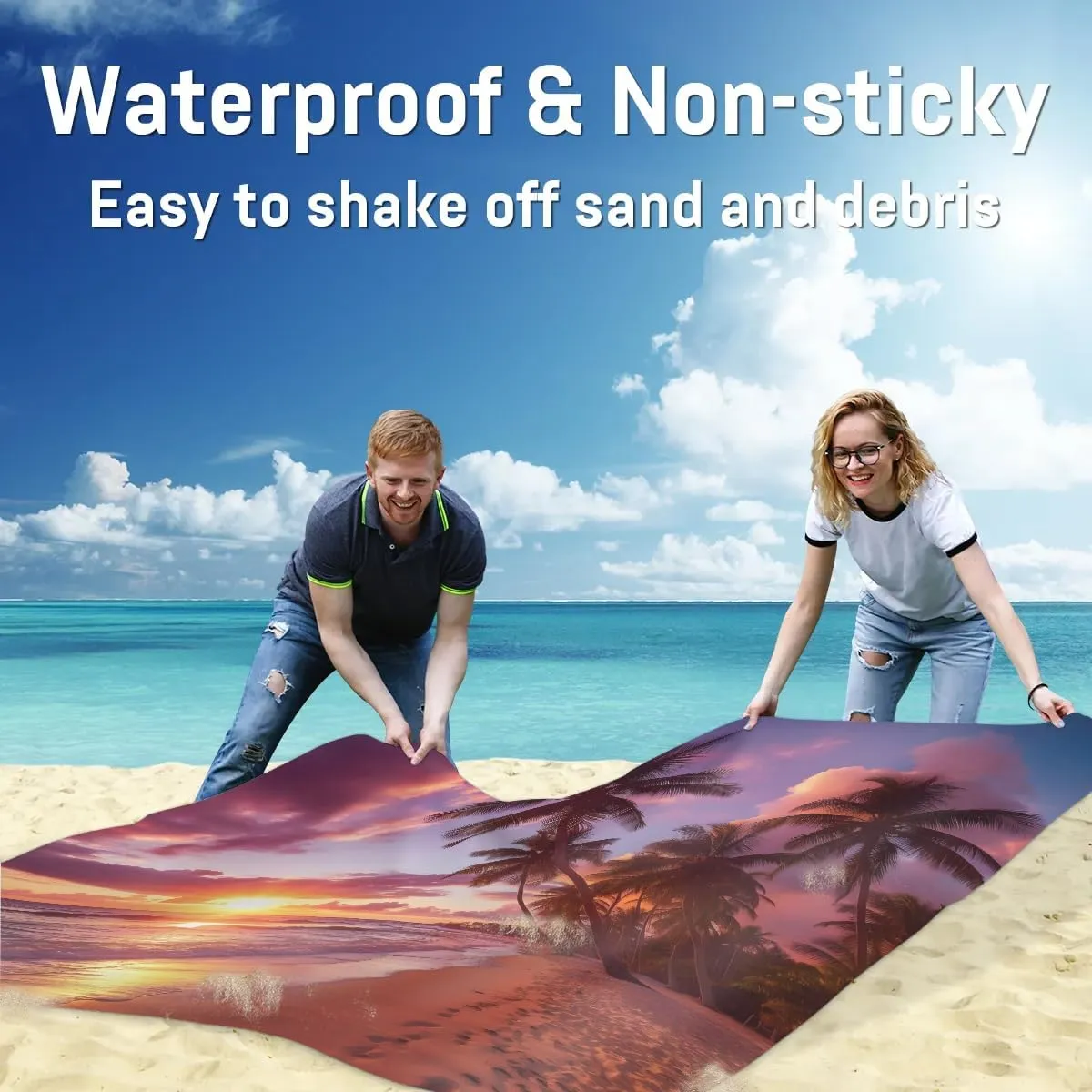 Beach Blanket, Palm Tree Sandproof Beach Mat, Waterproof Quick Drying Sand Free Mat with 4 x Ground Spikes for Outdoor Travel Camping Hiking, Beach 68 x 59 in