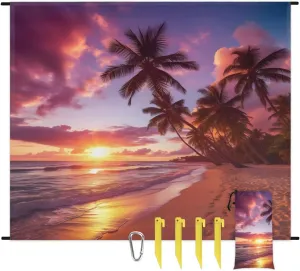 Beach Blanket, Palm Tree Sandproof Beach Mat, Waterproof Quick Drying Sand Free Mat with 4 x Ground Spikes for Outdoor Travel Camping Hiking, Beach 68 x 59 in