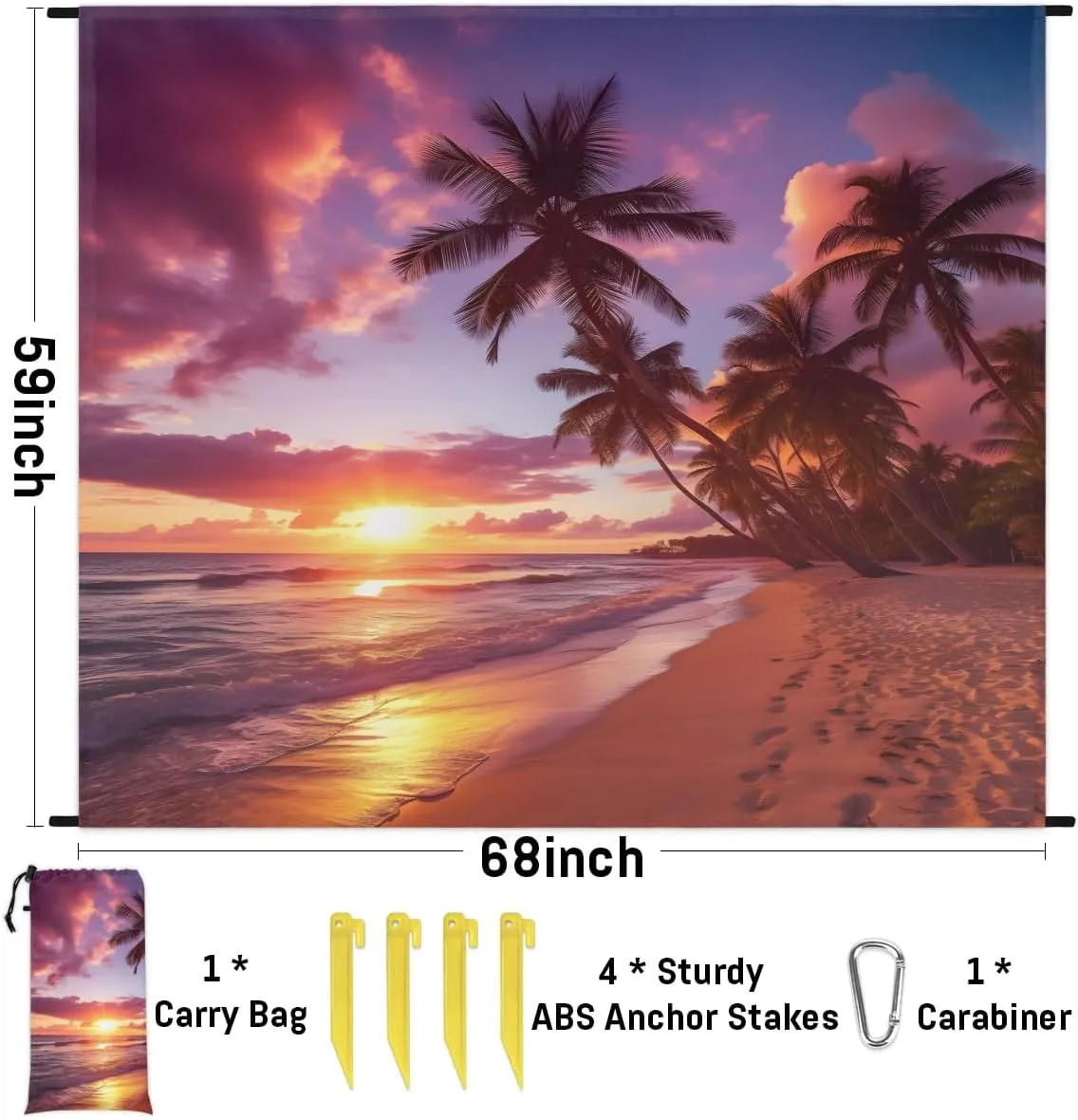 Beach Blanket, Palm Tree Sandproof Beach Mat, Waterproof Quick Drying Sand Free Mat with 4 x Ground Spikes for Outdoor Travel Camping Hiking, Beach 68 x 59 in