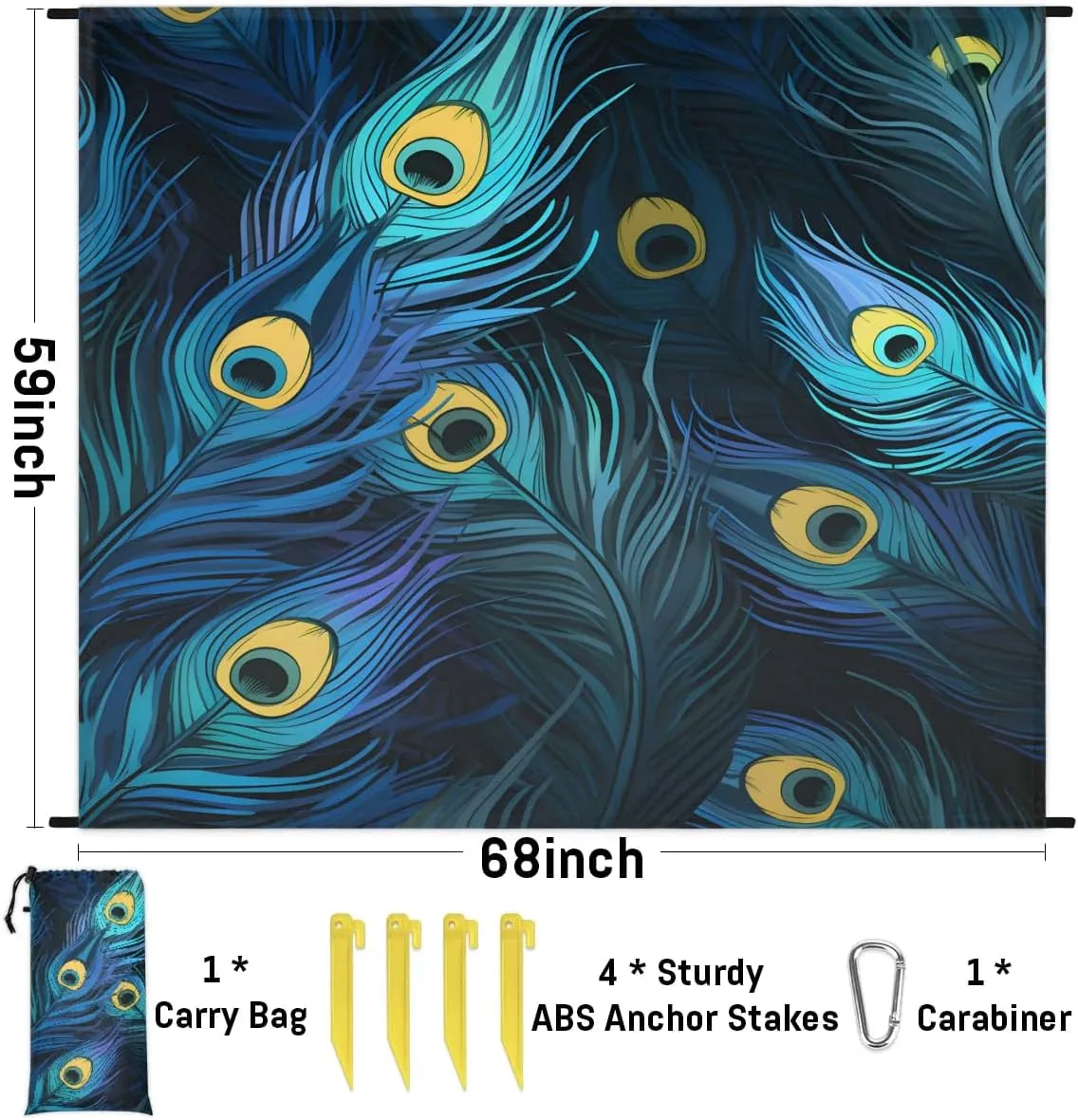 Beach Blanket, Peacock Sandproof Beach Mat, Waterproof Quick Drying Sand Free Mat with 4 x Ground Spikes for Outdoor Travel Camping Hiking, Peacock Blue Feather 68 x 59 in