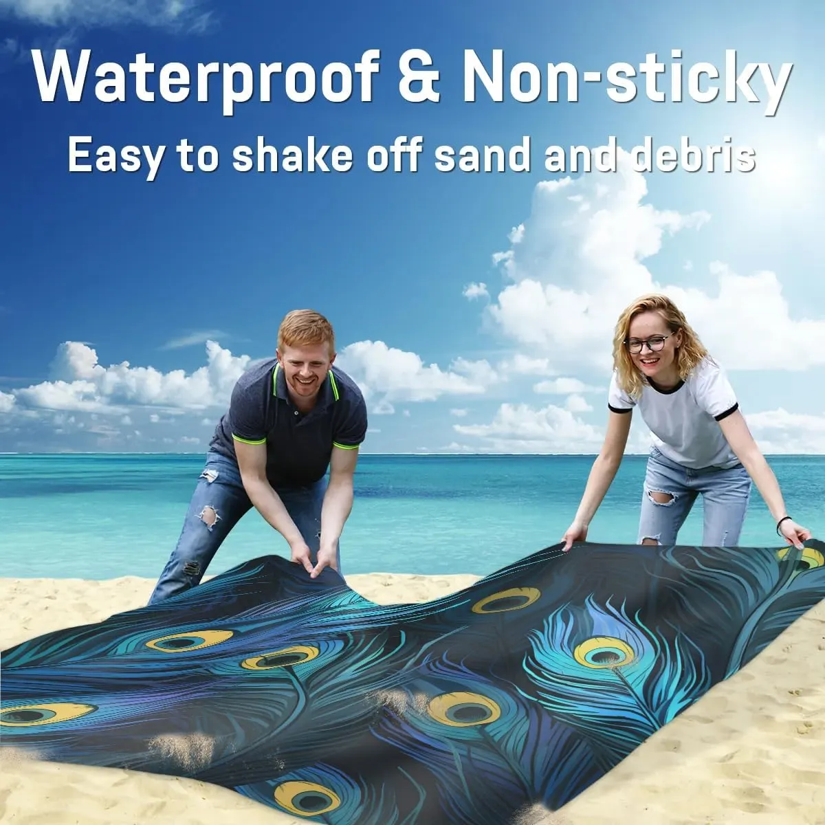 Beach Blanket, Peacock Sandproof Beach Mat, Waterproof Quick Drying Sand Free Mat with 4 x Ground Spikes for Outdoor Travel Camping Hiking, Peacock Blue Feather 68 x 59 in