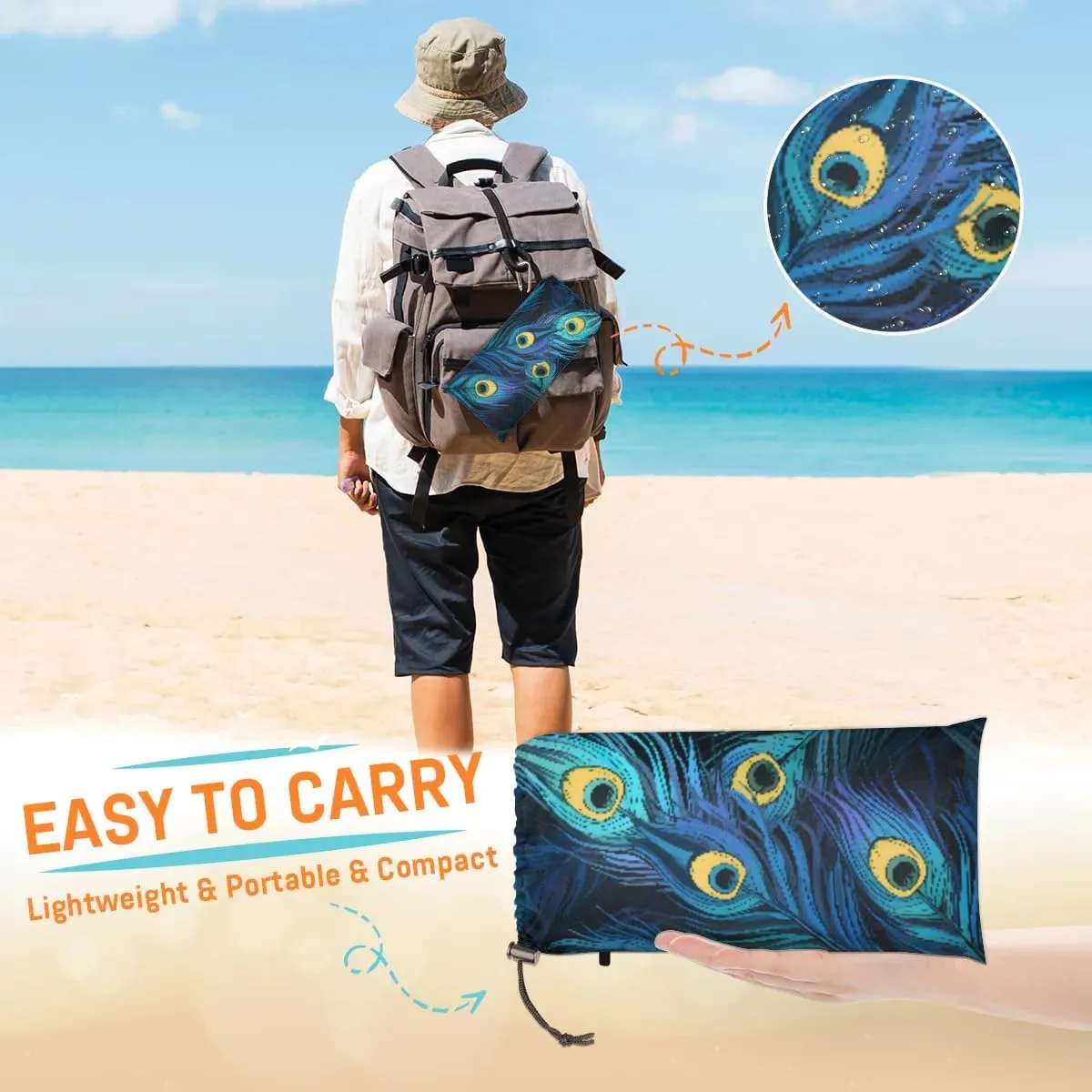 Beach Blanket, Peacock Sandproof Beach Mat, Waterproof Quick Drying Sand Free Mat with 4 x Ground Spikes for Outdoor Travel Camping Hiking, Peacock Blue Feather 68 x 59 in