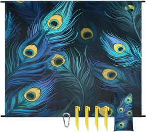 Beach Blanket, Peacock Sandproof Beach Mat, Waterproof Quick Drying Sand Free Mat with 4 x Ground Spikes for Outdoor Travel Camping Hiking, Peacock Blue Feather 68 x 59 in