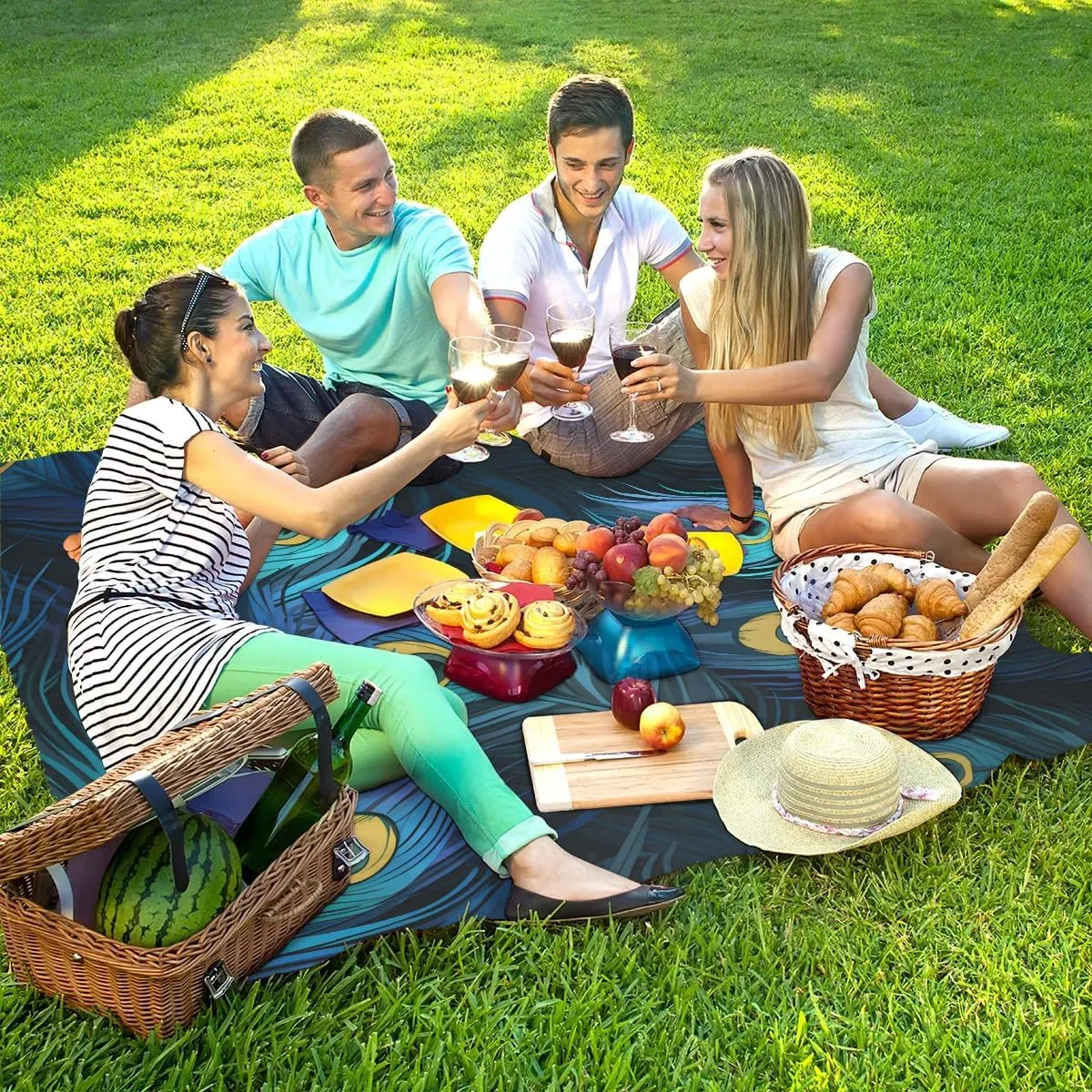 Beach Blanket, Peacock Sandproof Beach Mat, Waterproof Quick Drying Sand Free Mat with 4 x Ground Spikes for Outdoor Travel Camping Hiking, Peacock Blue Feather 68 x 59 in