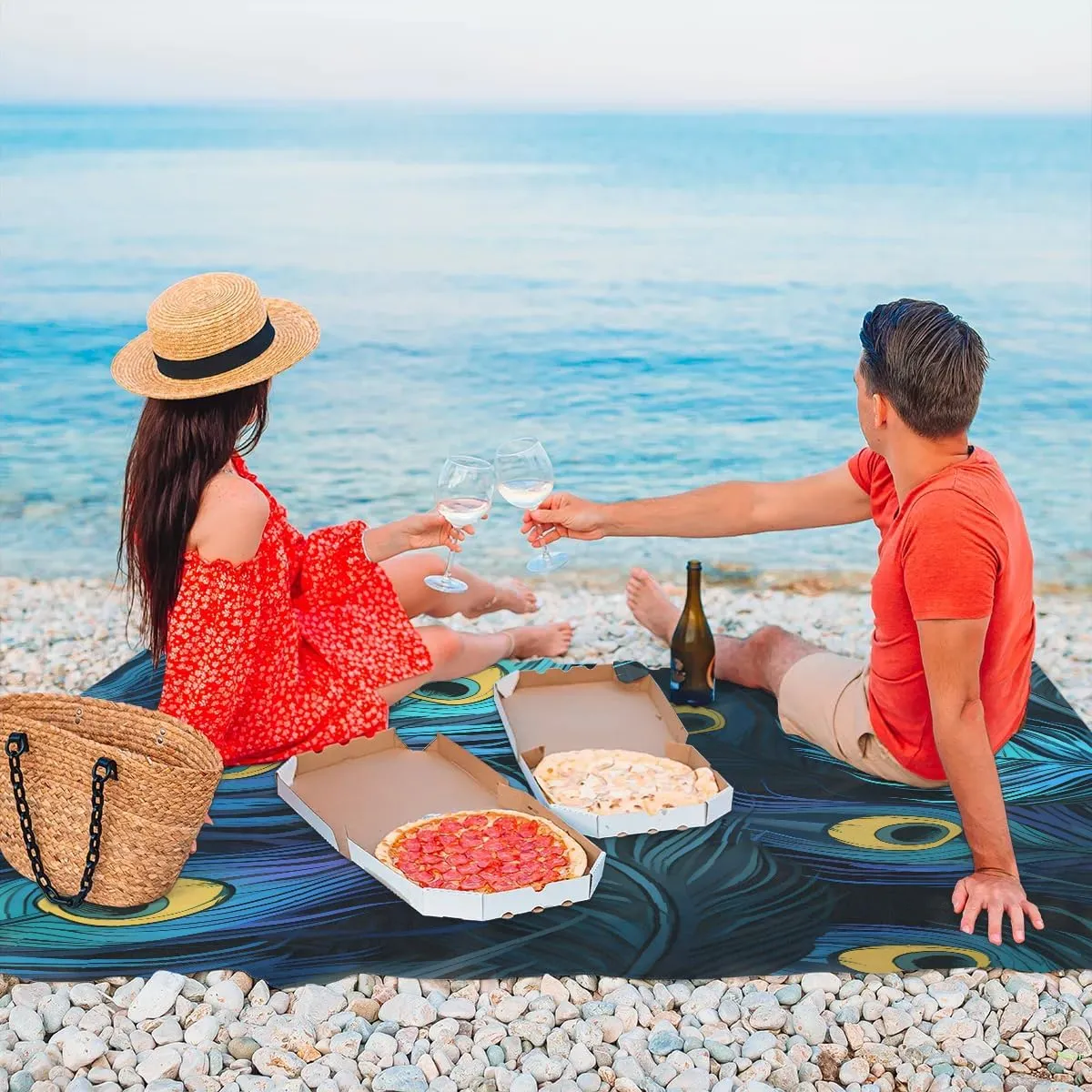 Beach Blanket, Peacock Sandproof Beach Mat, Waterproof Quick Drying Sand Free Mat with 4 x Ground Spikes for Outdoor Travel Camping Hiking, Peacock Blue Feather 68 x 59 in
