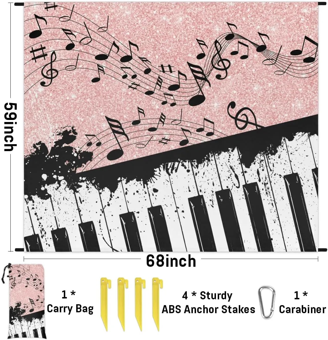 Beach Blanket, Piano Keyboard Sandproof Beach Mat, 68 x 59 Waterproof Quick Drying Sand Free Mat with 4 x Ground Spikes for Outdoor Travel Camping Hiking, Music Notes