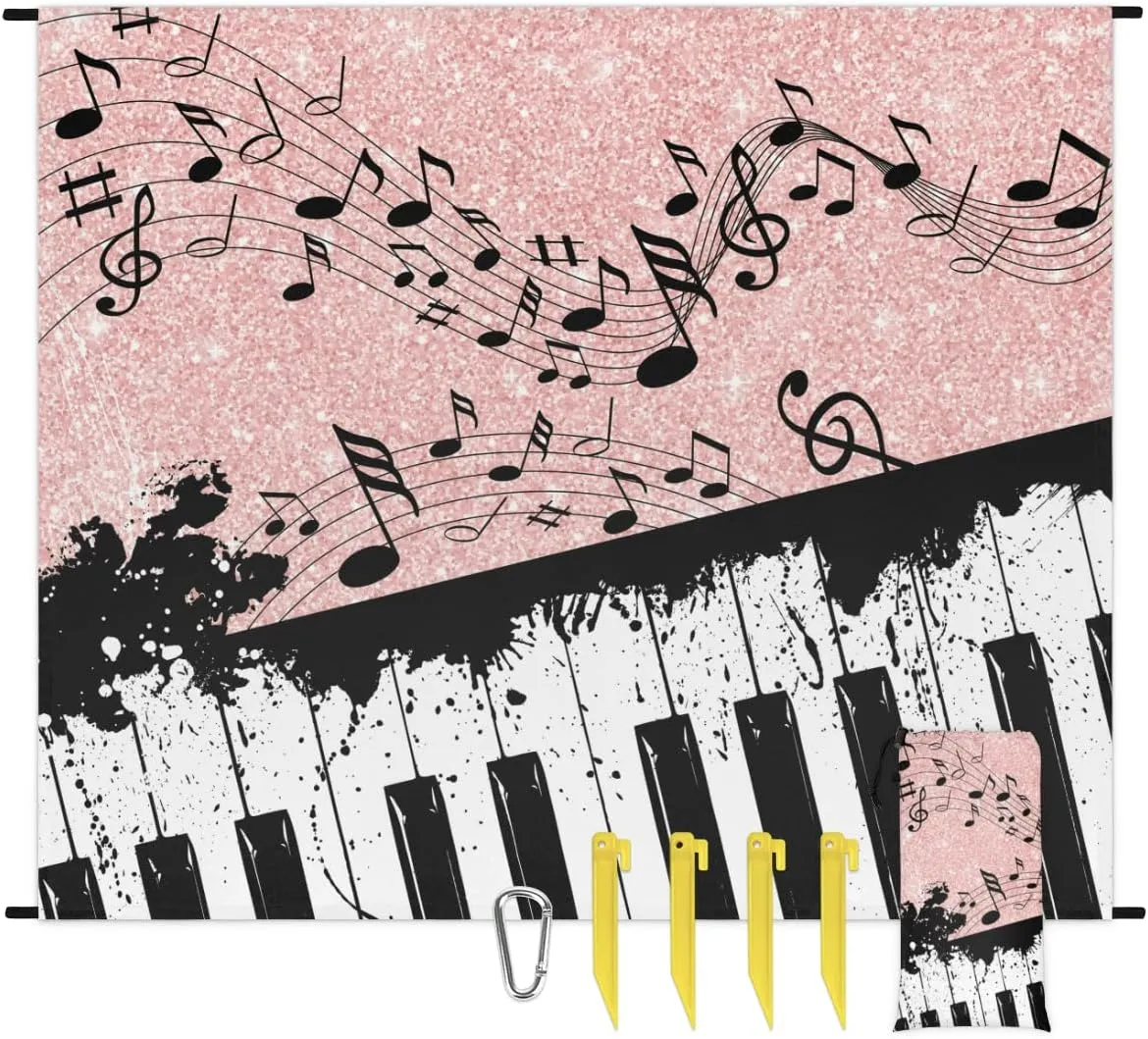 Beach Blanket, Piano Keyboard Sandproof Beach Mat, 68 x 59 Waterproof Quick Drying Sand Free Mat with 4 x Ground Spikes for Outdoor Travel Camping Hiking, Music Notes