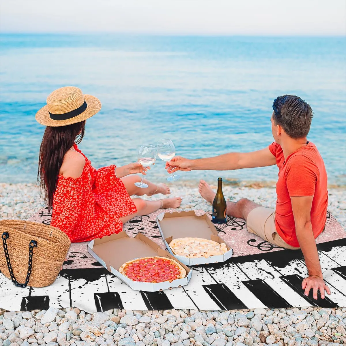 Beach Blanket, Piano Keyboard Sandproof Beach Mat, 68 x 59 Waterproof Quick Drying Sand Free Mat with 4 x Ground Spikes for Outdoor Travel Camping Hiking, Music Notes