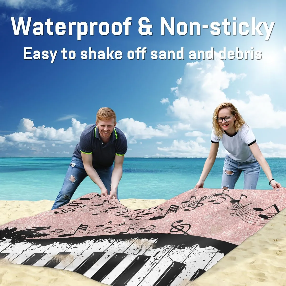 Beach Blanket, Piano Keyboard Sandproof Beach Mat, 68 x 59 Waterproof Quick Drying Sand Free Mat with 4 x Ground Spikes for Outdoor Travel Camping Hiking, Music Notes