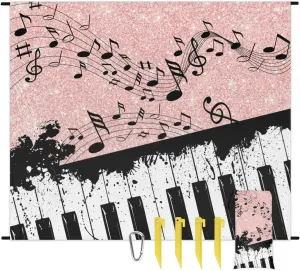 Beach Blanket, Piano Keyboard Sandproof Beach Mat, 68 x 59 Waterproof Quick Drying Sand Free Mat with 4 x Ground Spikes for Outdoor Travel Camping Hiking, Music Notes