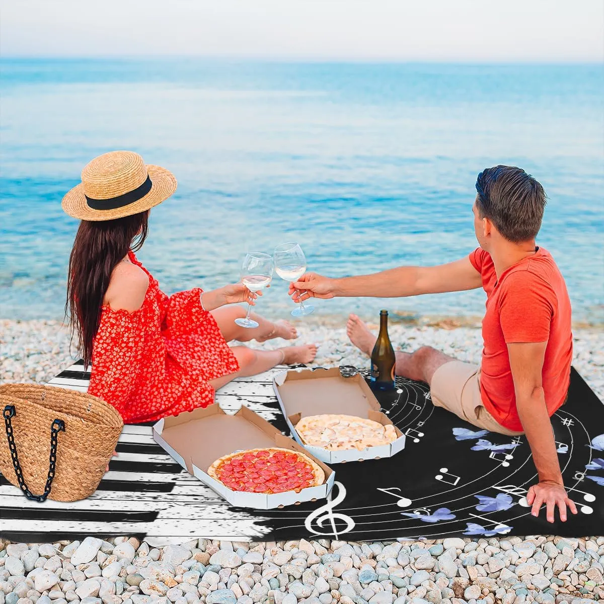 Beach Blanket, Piano Keyboard Sandproof Beach Mat, Waterproof Quick Drying Sand Free Mat with 4 x Ground Spikes for Outdoor Travel Camping Hiking, Music Note Butterfly 68 x 59 in