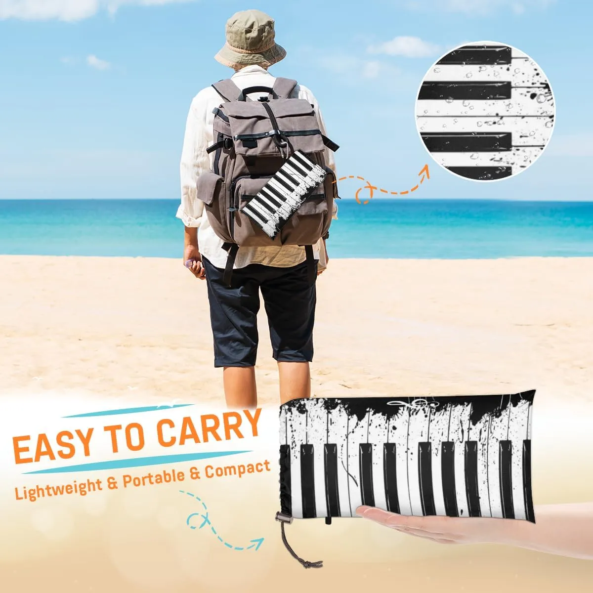 Beach Blanket, Piano Keyboard Sandproof Beach Mat, Waterproof Quick Drying Sand Free Mat with 4 x Ground Spikes for Outdoor Travel Camping Hiking, Music Note Butterfly 68 x 59 in