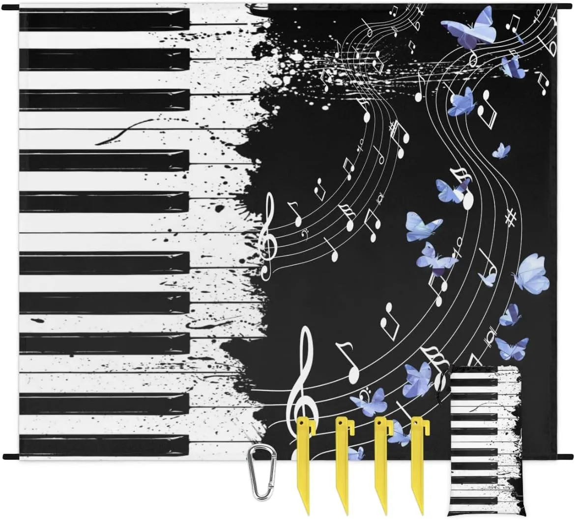 Beach Blanket, Piano Keyboard Sandproof Beach Mat, Waterproof Quick Drying Sand Free Mat with 4 x Ground Spikes for Outdoor Travel Camping Hiking, Music Note Butterfly 68 x 59 in