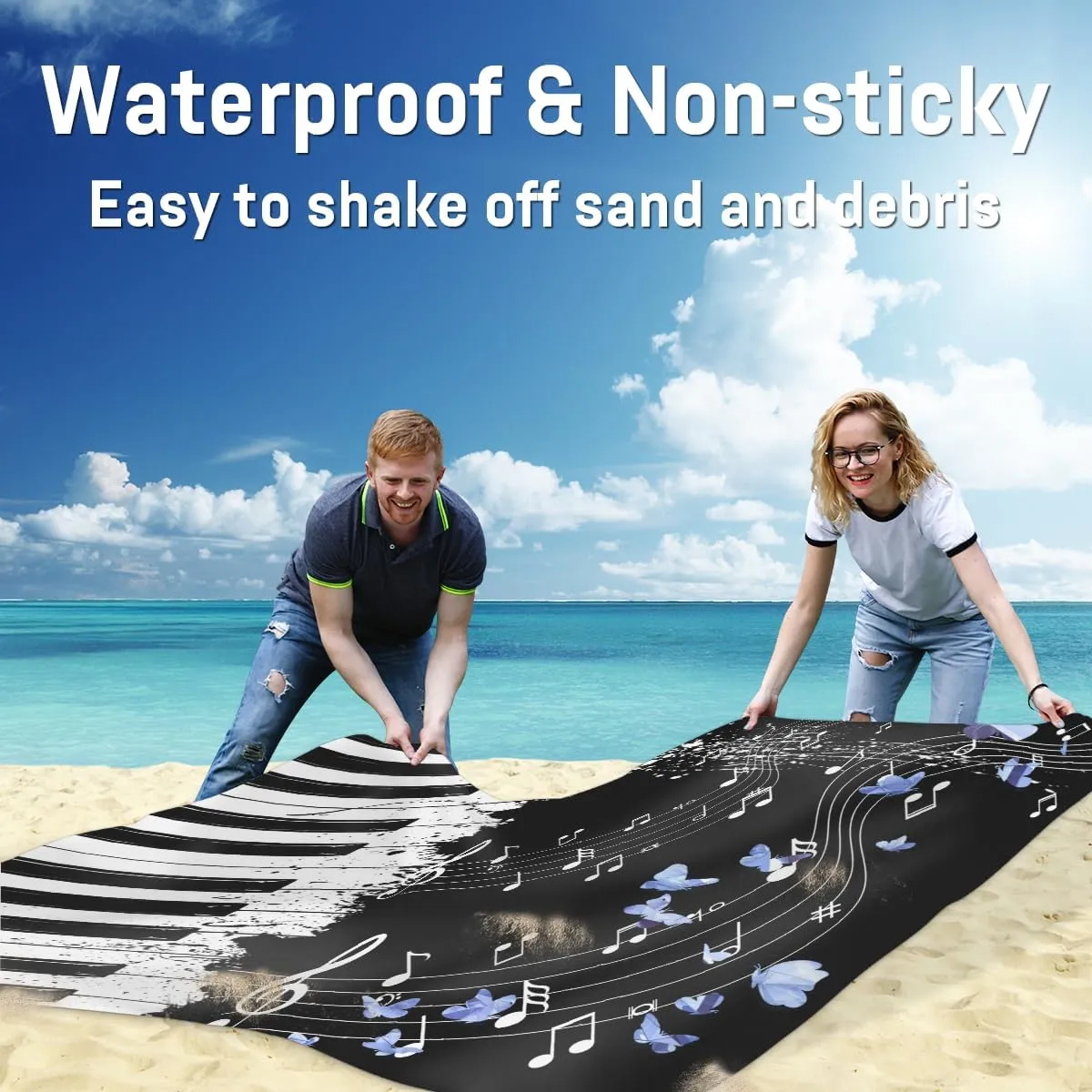 Beach Blanket, Piano Keyboard Sandproof Beach Mat, Waterproof Quick Drying Sand Free Mat with 4 x Ground Spikes for Outdoor Travel Camping Hiking, Music Note Butterfly 68 x 59 in