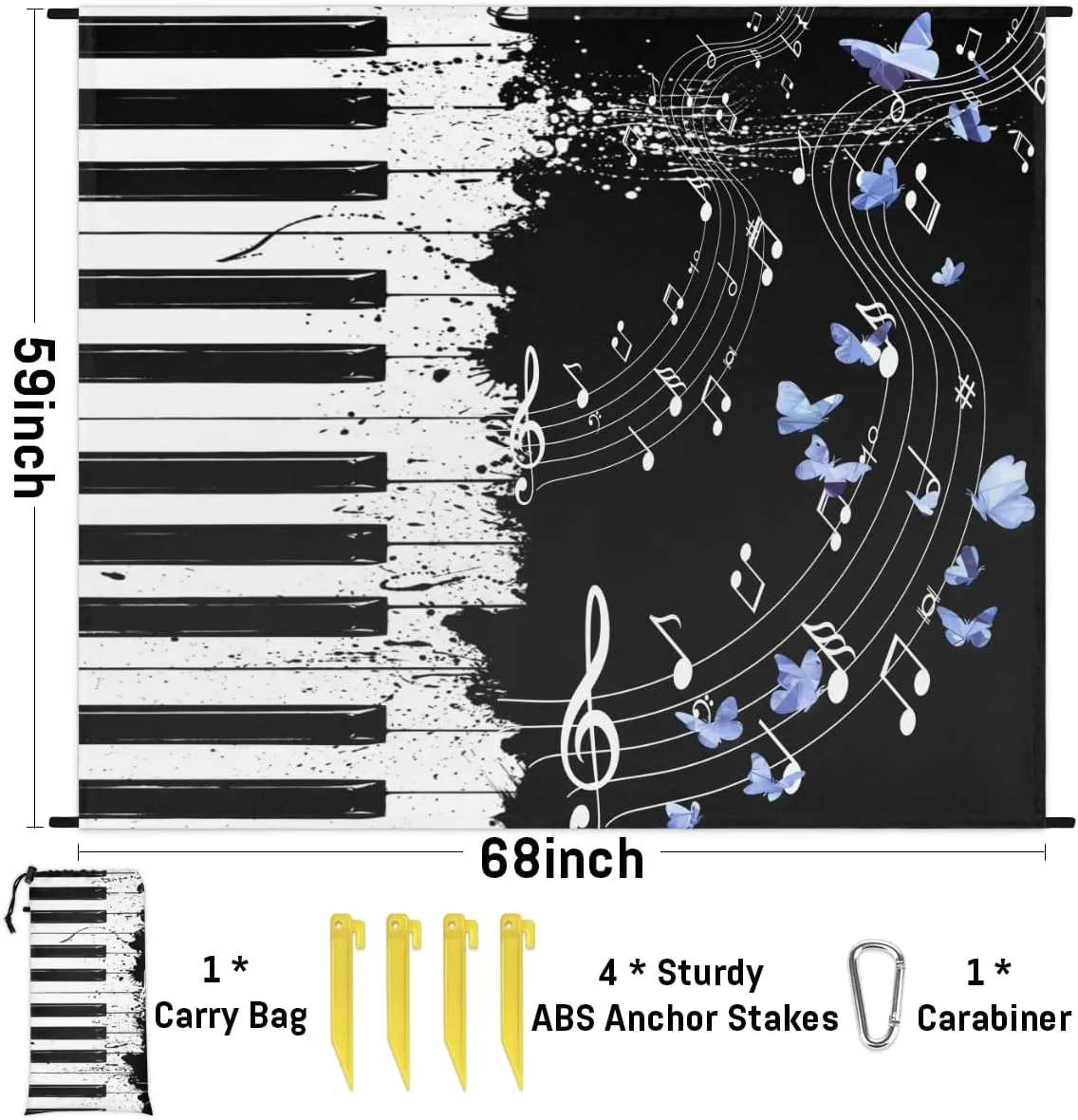 Beach Blanket, Piano Keyboard Sandproof Beach Mat, Waterproof Quick Drying Sand Free Mat with 4 x Ground Spikes for Outdoor Travel Camping Hiking, Music Note Butterfly 68 x 59 in
