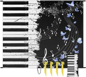 Beach Blanket, Piano Keyboard Sandproof Beach Mat, Waterproof Quick Drying Sand Free Mat with 4 x Ground Spikes for Outdoor Travel Camping Hiking, Music Note Butterfly 68 x 59 in