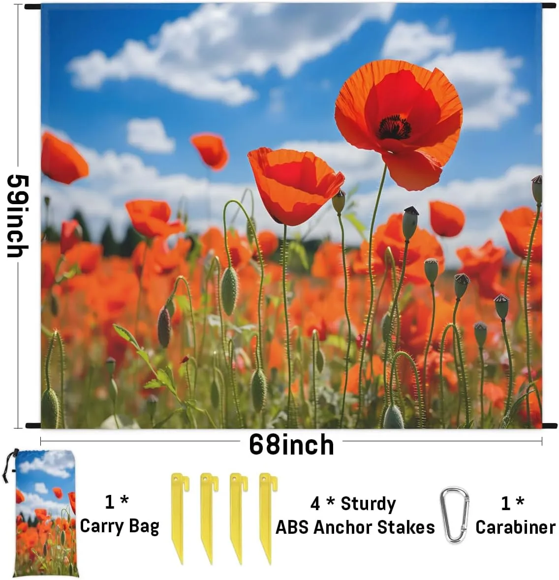 Beach Blanket, Red Poppy Flower Sandproof Beach Mat, Waterproof Quick Drying Sand Free Mat with 4 x Ground Spikes for Outdoor Travel Camping Hiking, Spring Flowers 68 x 59 in