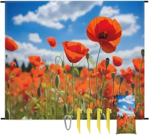 Beach Blanket, Red Poppy Flower Sandproof Beach Mat, Waterproof Quick Drying Sand Free Mat with 4 x Ground Spikes for Outdoor Travel Camping Hiking, Spring Flowers 68 x 59 in