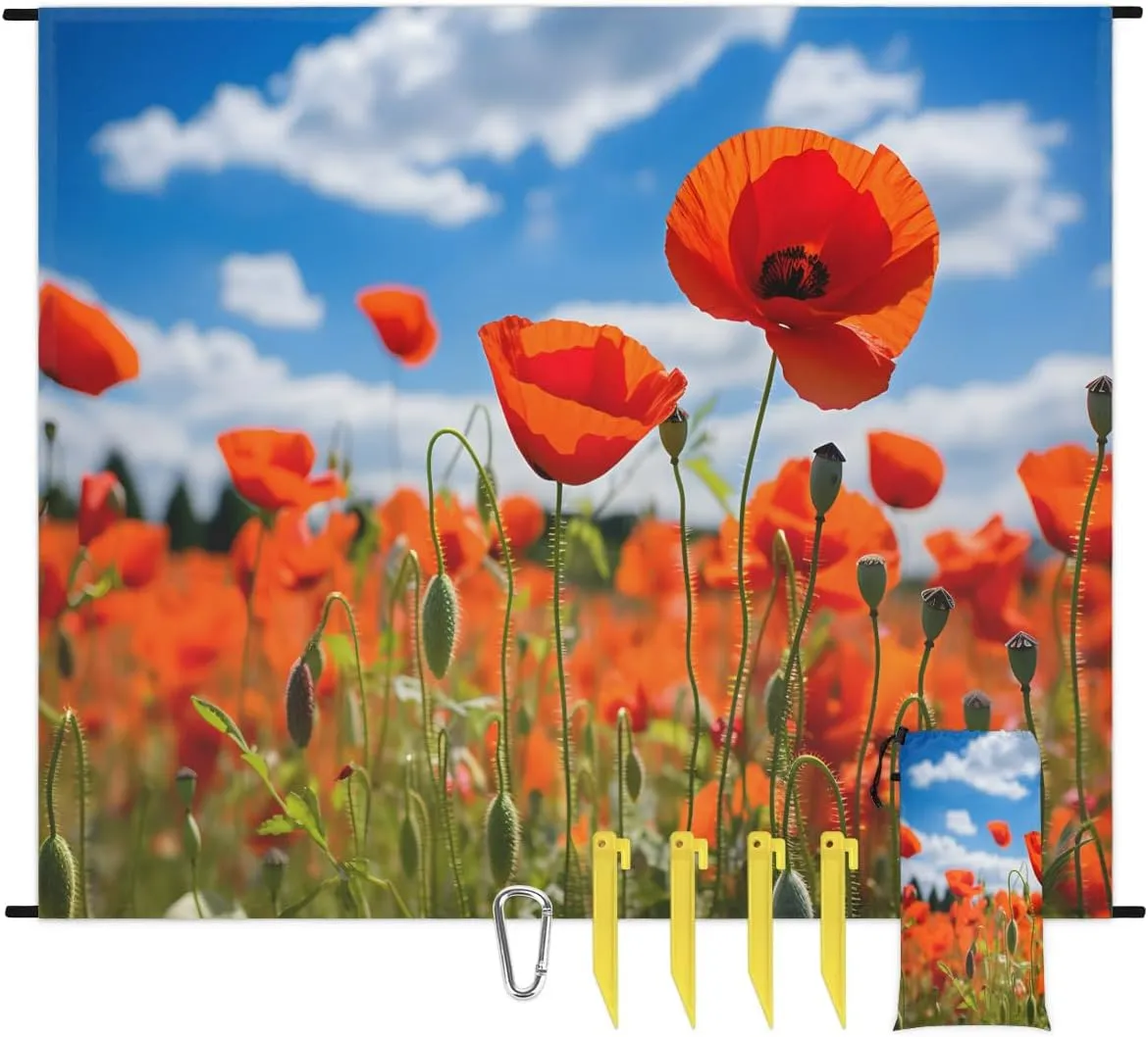 Beach Blanket, Red Poppy Flower Sandproof Beach Mat, Waterproof Quick Drying Sand Free Mat with 4 x Ground Spikes for Outdoor Travel Camping Hiking, Spring Flowers 68 x 59 in