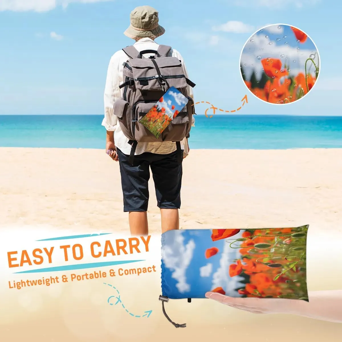 Beach Blanket, Red Poppy Flower Sandproof Beach Mat, Waterproof Quick Drying Sand Free Mat with 4 x Ground Spikes for Outdoor Travel Camping Hiking, Spring Flowers 68 x 59 in