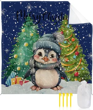 Beach Blanket, Retro Merry Christmas Trees Cartoon Snowflake Sandproof Waterproof Outdoor Mat Quick Drying Beach Accessories for Vacation Holiday Picnic Camping, 79"x83" for 1-4 Adults