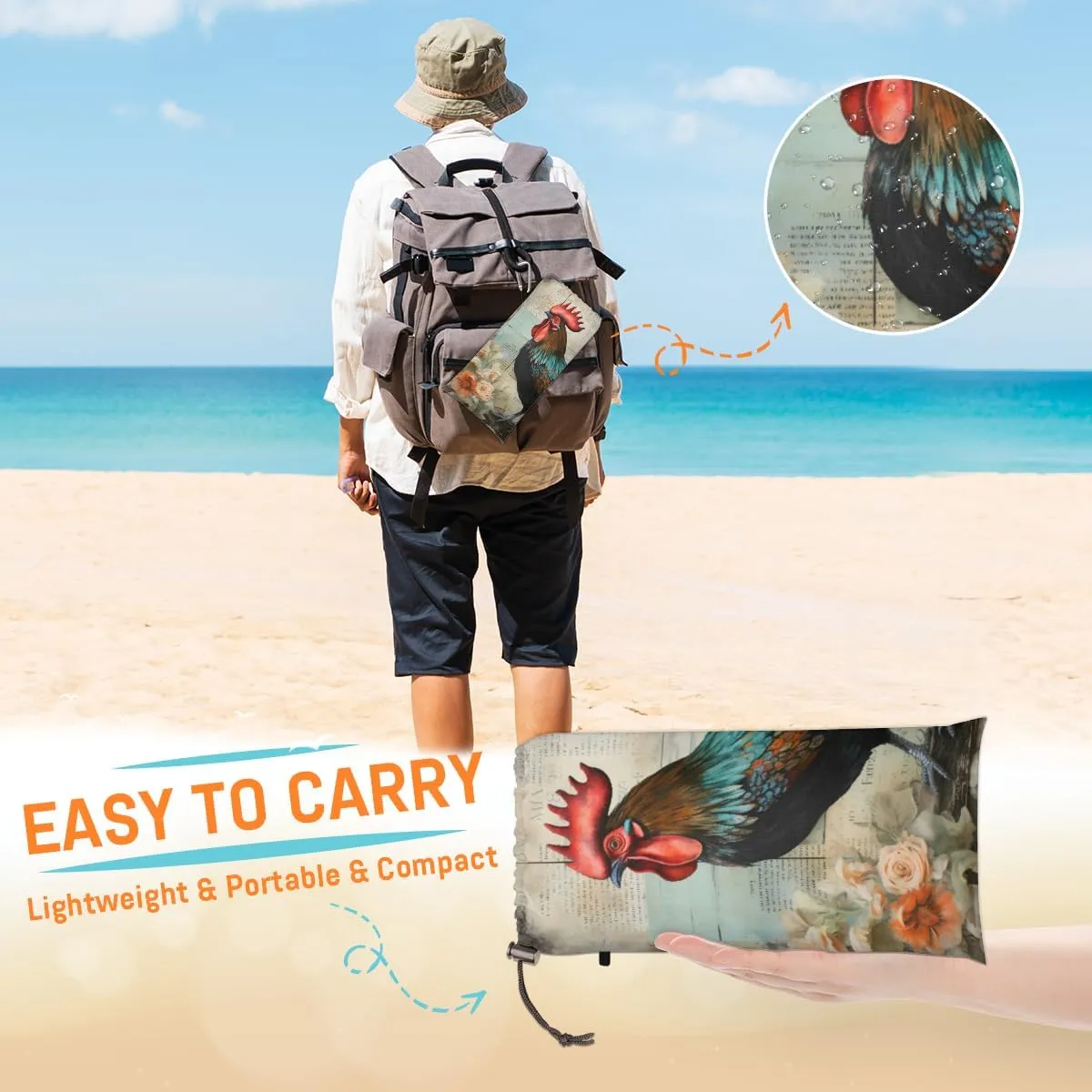 Beach Blanket, Rooster Chicken Sandproof Beach Mat, Waterproof Quick Drying Sand Free Mat with 4 x Ground Spikes for Outdoor Travel Camping Hiking, Wild Rooster 68 x 59 in