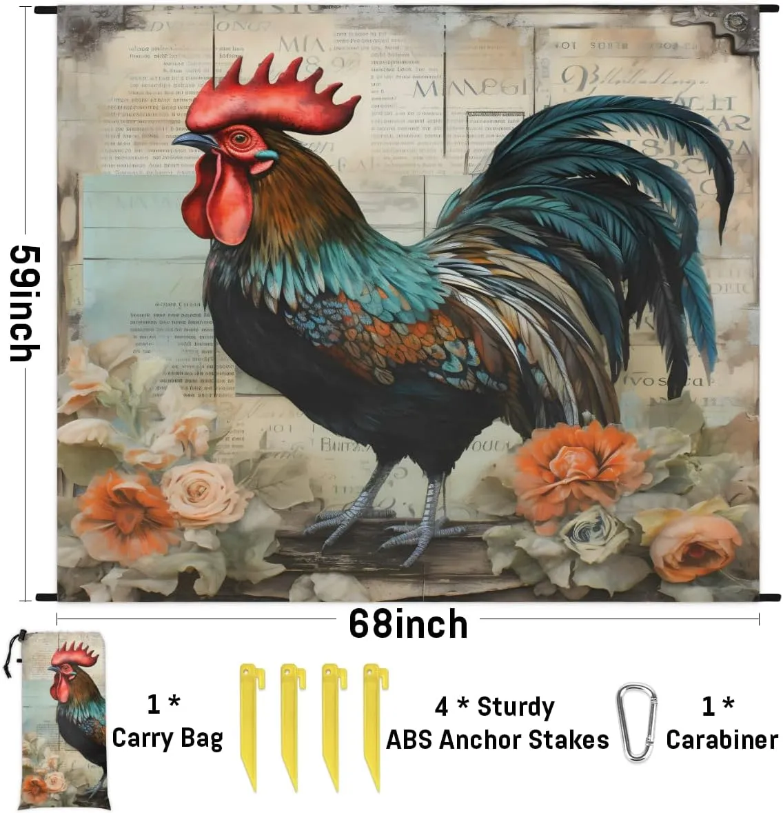 Beach Blanket, Rooster Chicken Sandproof Beach Mat, Waterproof Quick Drying Sand Free Mat with 4 x Ground Spikes for Outdoor Travel Camping Hiking, Wild Rooster 68 x 59 in