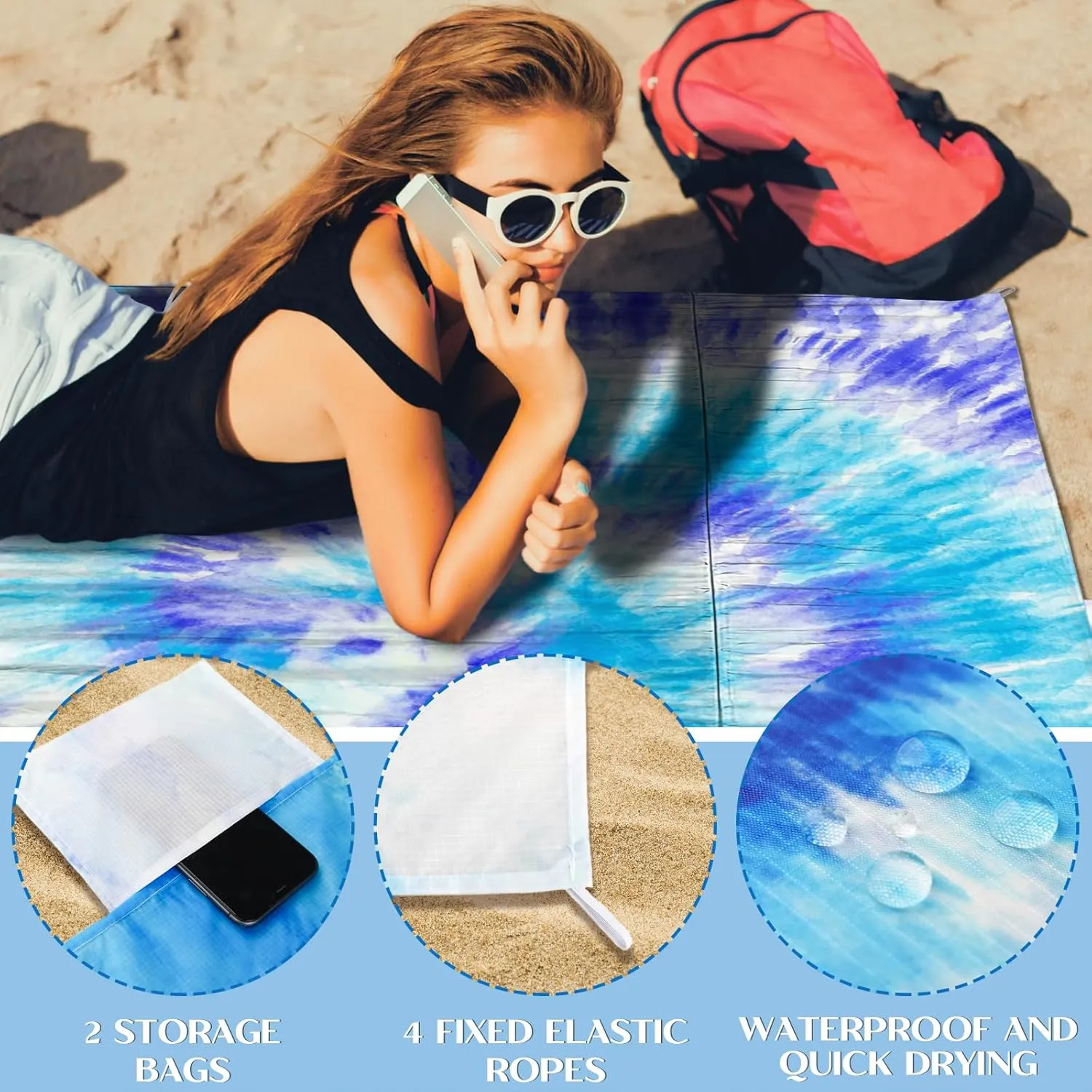 Beach Blanket Sandproof 111''*121'' Extra Large Waterproof Windproof Durable Beach Mat Sand Free Mat