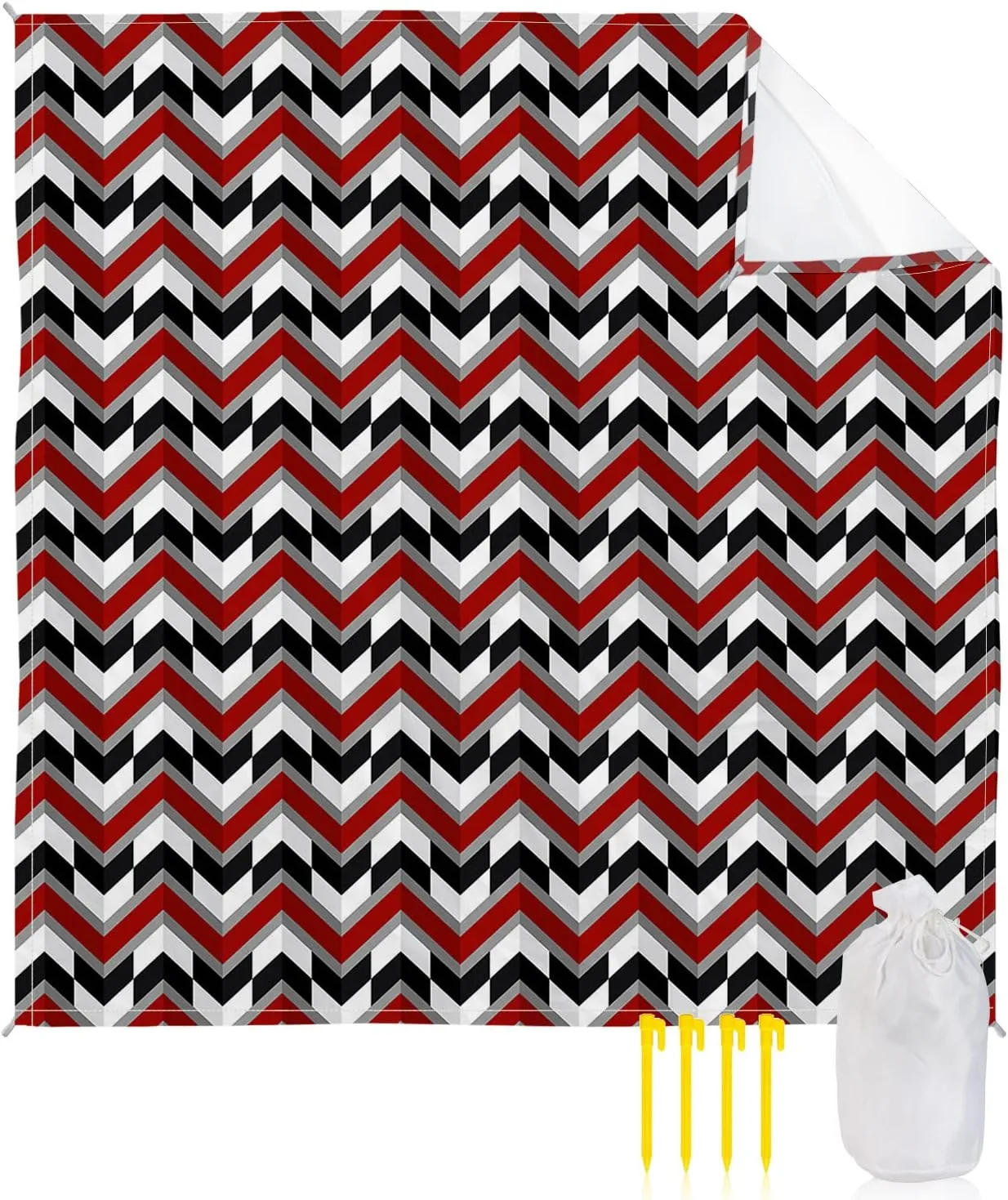 Beach Blanket Sandproof, Abstract Black Red Herringbone Pattern Waterproof Beach Mat Lightweight Quick Drying Picnic Blanket Beach Essentials for Travel Camping Hiking 118x108in