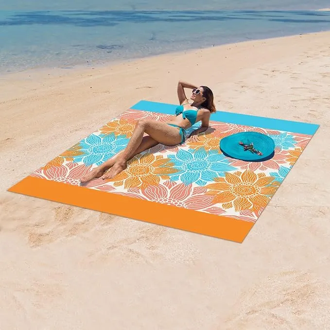 Beach Blanket Sandproof Extra Large Beach Mat Adults Waterproof Quick Drying Sand Free Mat Made by Premium Polyester with 4 Stakes & 4 Corner Pockets for Outdoor Travel Camping Hiking