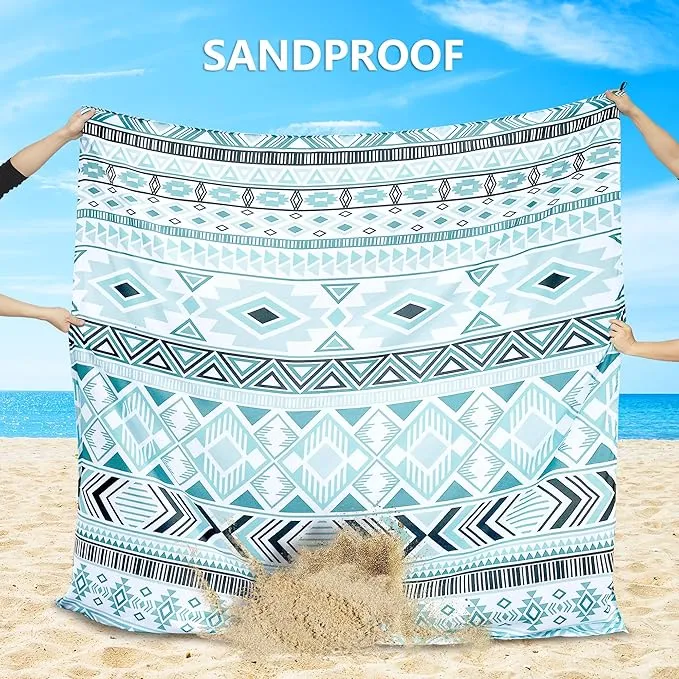 Beach Blanket Sandproof Extra Large Beach Mat Adults Waterproof Quick Drying Sand Free Mat Made by Premium Polyester with 4 Stakes & 4 Corner Pockets for Outdoor Travel Camping Hiking