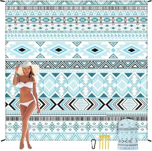Beach Blanket Sandproof Extra Large Beach Mat Adults Waterproof Quick Drying Sand Free Mat Made by Premium Polyester with 4 Stakes & 4 Corner Pockets for Outdoor Travel Camping Hiking