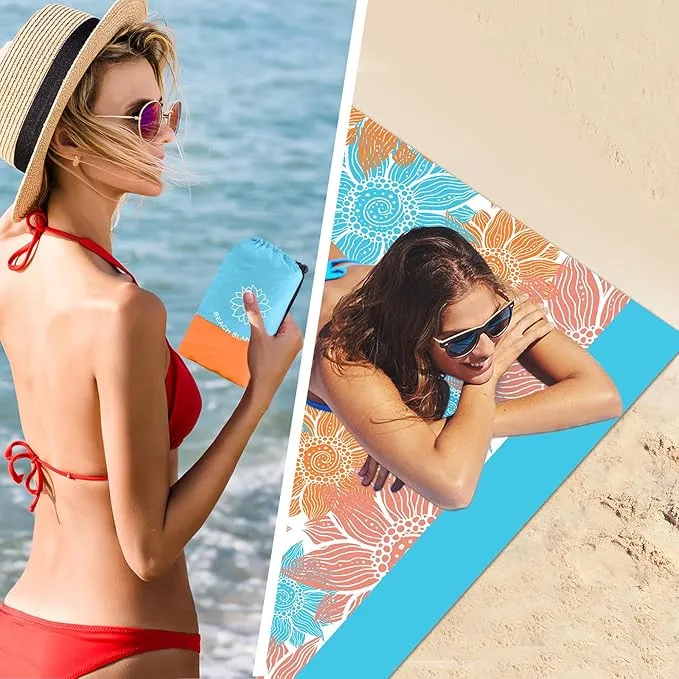 Beach Blanket Sandproof Extra Large Beach Mat Adults Waterproof Quick Drying Sand Free Mat Made by Premium Polyester with 4 Stakes & 4 Corner Pockets for Outdoor Travel Camping Hiking
