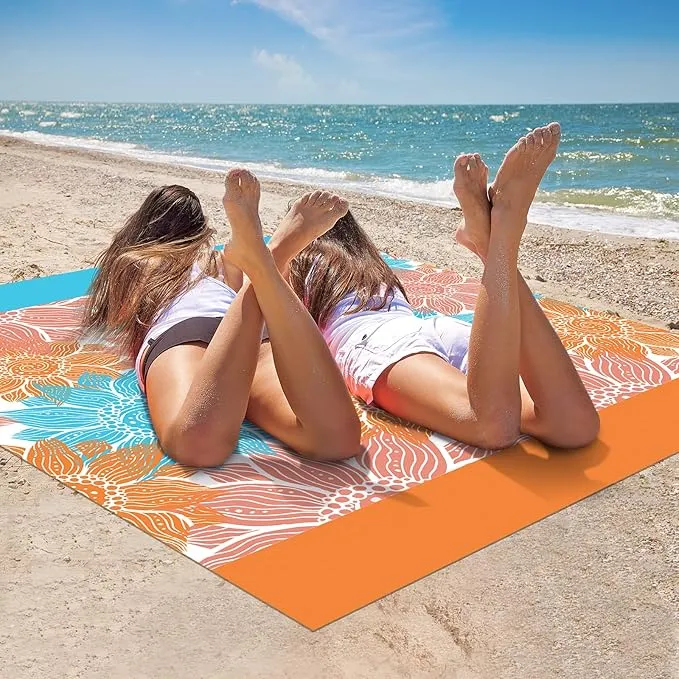 Beach Blanket Sandproof Extra Large Beach Mat Adults Waterproof Quick Drying Sand Free Mat Made by Premium Polyester with 4 Stakes & 4 Corner Pockets for Outdoor Travel Camping Hiking