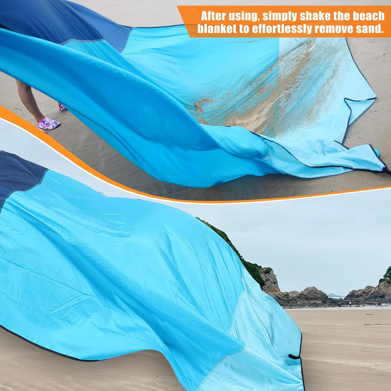 Beach Blanket Sandproof, Extra Large Beach Mat, Sand Free Mat Quick Drying, Lightweight, Soft & Durable Mat for Beach, Yard (Blue & Sky Blue, 10 x 10 FT (1～9 Person))