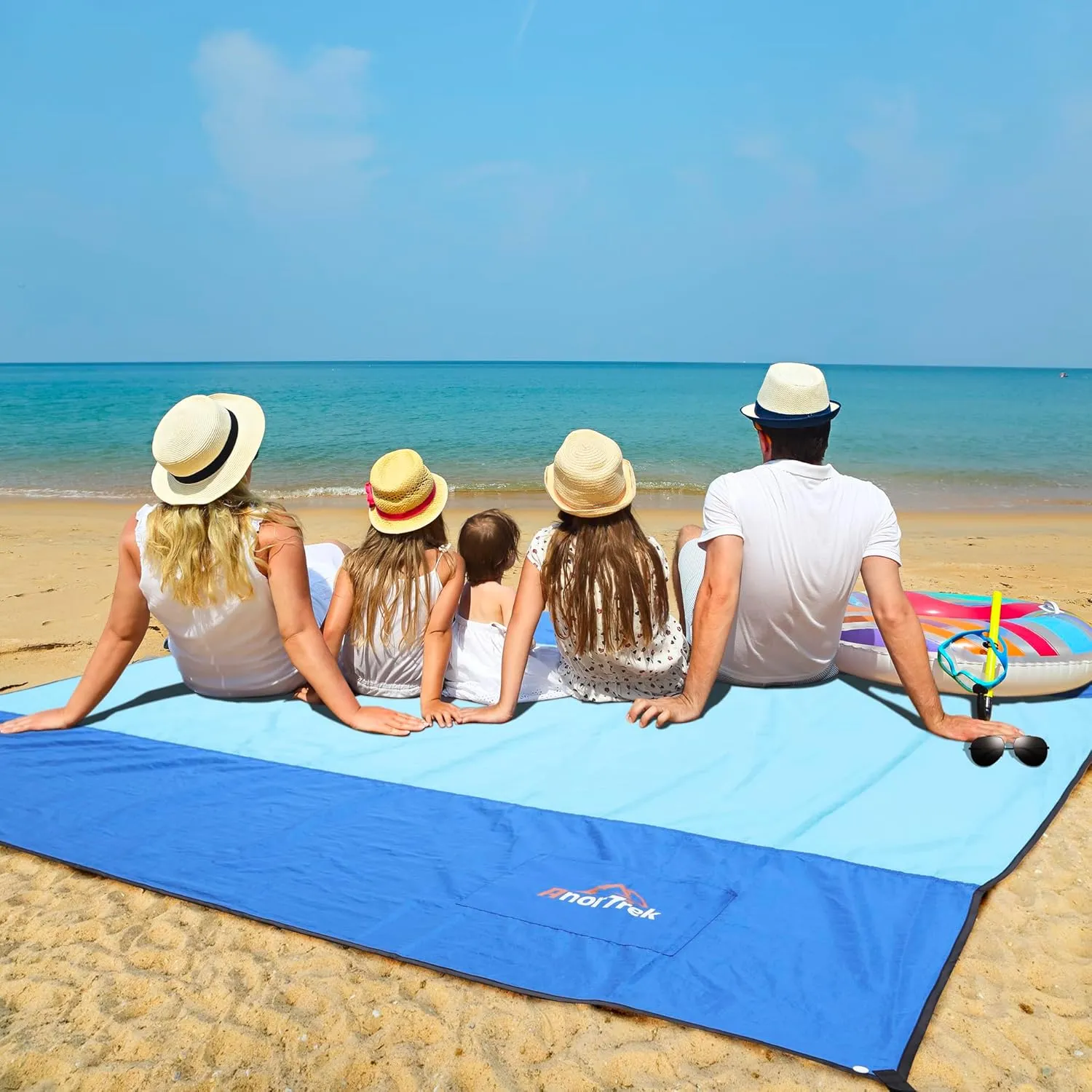 Beach Blanket Sandproof, Extra Large Beach Mat, Sand Free Mat Quick Drying, Lightweight, Soft & Durable Mat for Beach, Yard (Blue & Sky Blue, 10 x 10 FT (1～9 Person))
