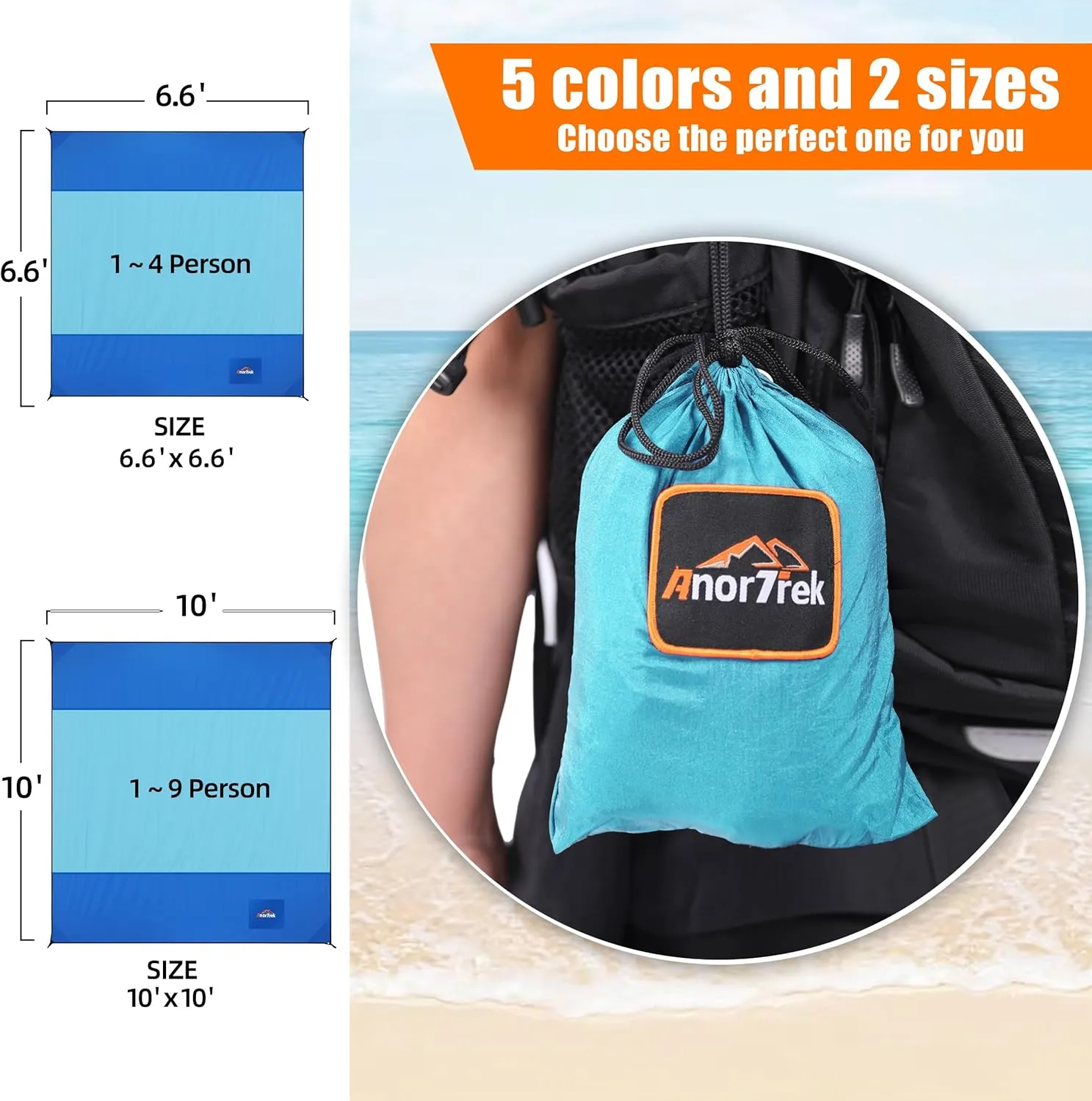 Beach Blanket Sandproof, Extra Large Beach Mat, Sand Free Mat Quick Drying, Lightweight, Soft & Durable Mat for Beach, Yard (Blue & Sky Blue, 10 x 10 FT (1～9 Person))
