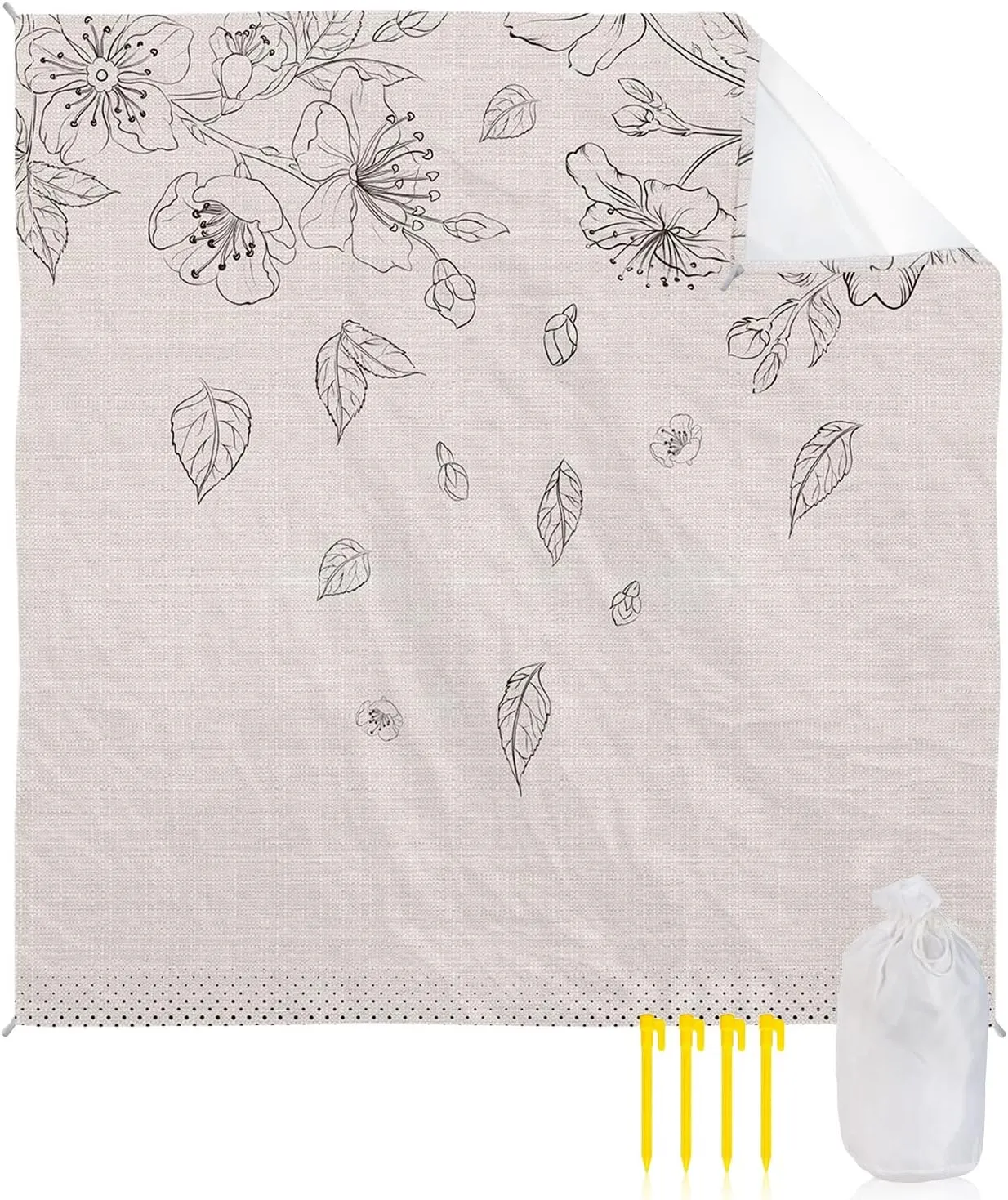 Beach Blanket Sandproof, Flowers Leaves and Polka Dot Texture on Cotton Linen Waterproof Beach Mat Lightweight Quick Drying Picnic Blanket Beach Essentials for Travel Camping Hiking 95x80in