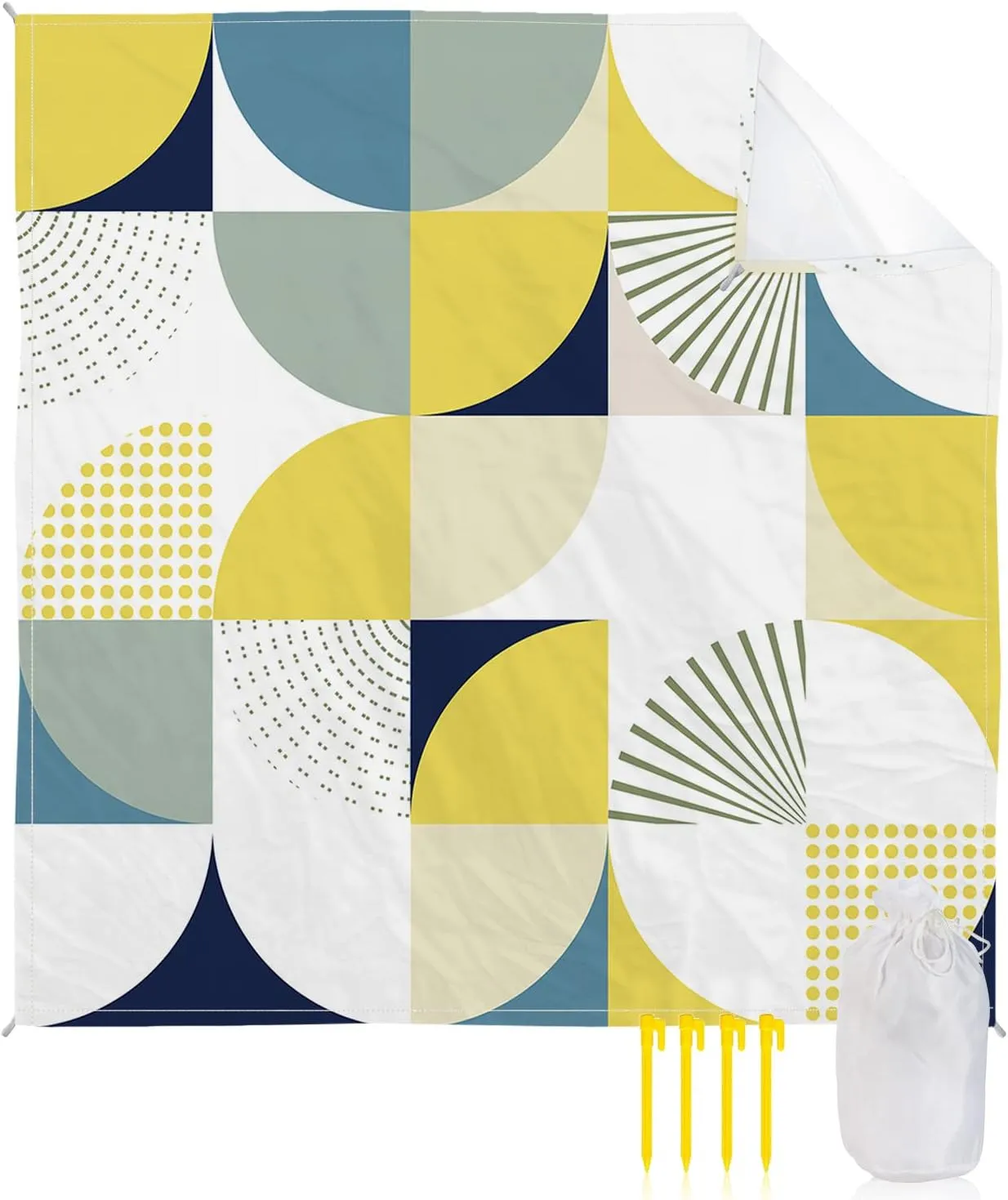 Beach Blanket Sandproof, Mid-Century Abstract Yellow Blue Khaki Waterproof Beach Mat Lightweight Quick Drying Picnic Blanket Beach Essentials for Travel Camping Hiking 95x80in
